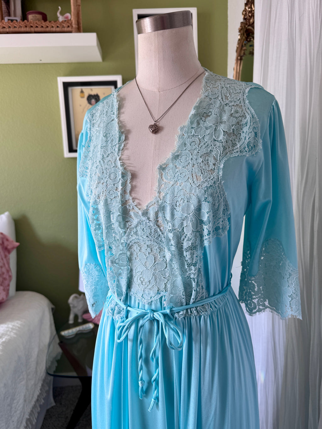 70s Turquoise Blue Nylon Neglige & Peignoir Set