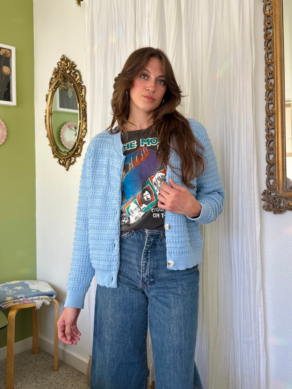 Powder Blue Cotton Knit Button Up Cardigan (Modern)