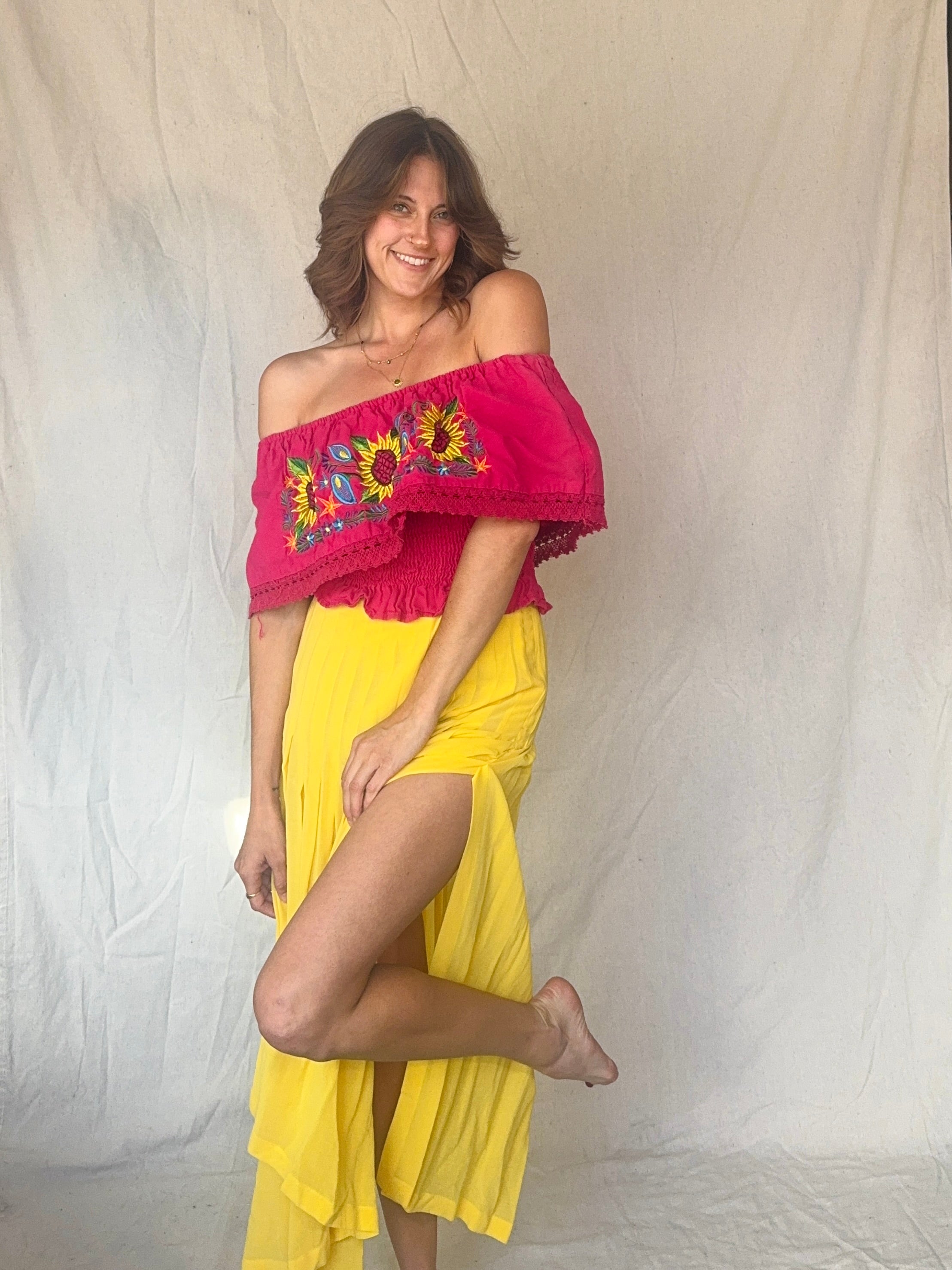 Vintage Hot Pink Off the Shoulder Embroidered Sunflower Oaxacan Summer Top