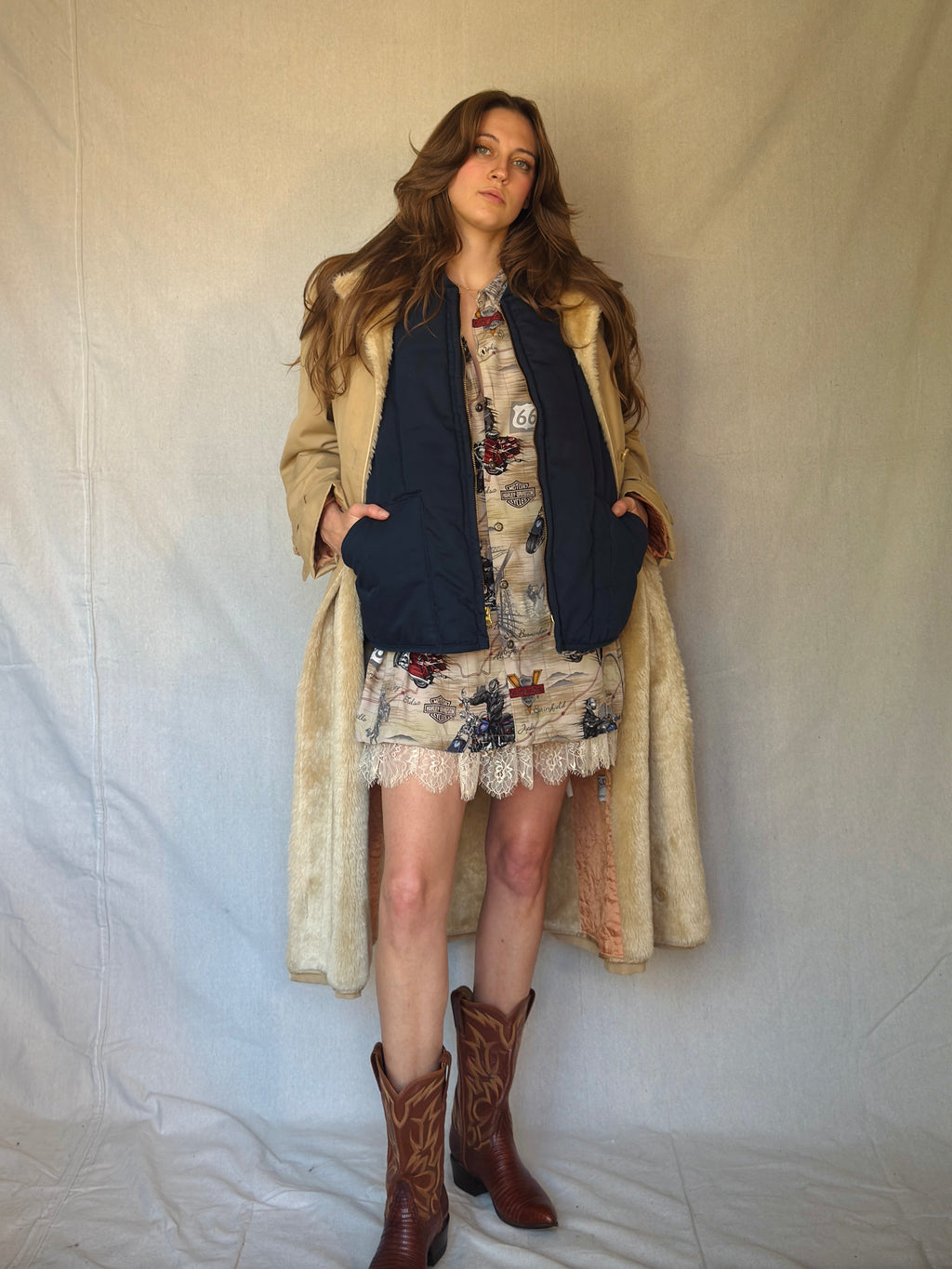 70s Tan Faux Shearling Trench Coat