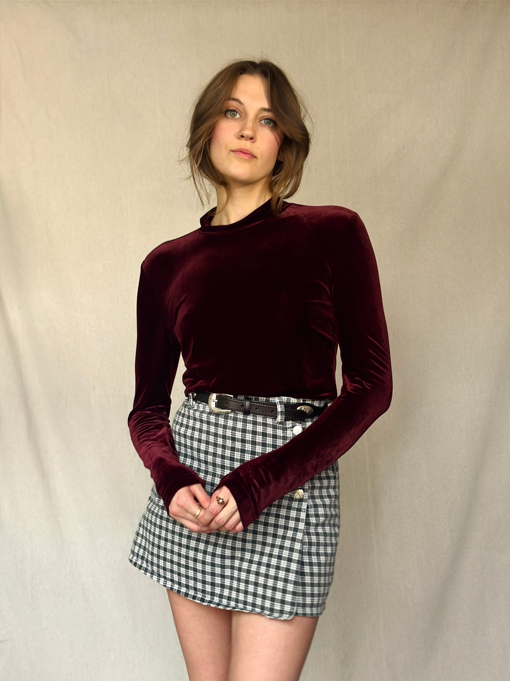 90s Velvet Wine Mock-neck Long Sleeve Top