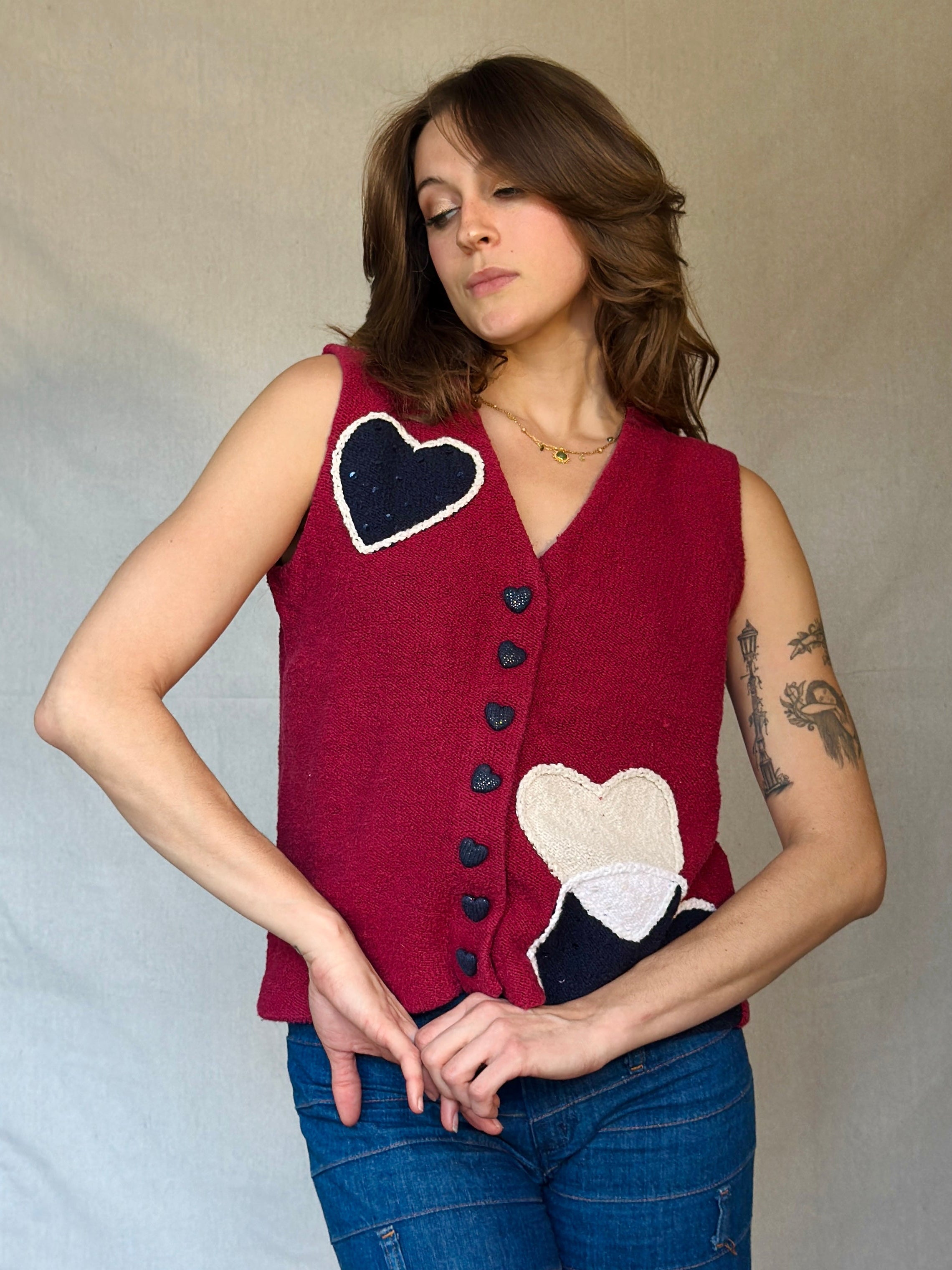 Y2K Red Cotton Knit Heart Sweater Vest