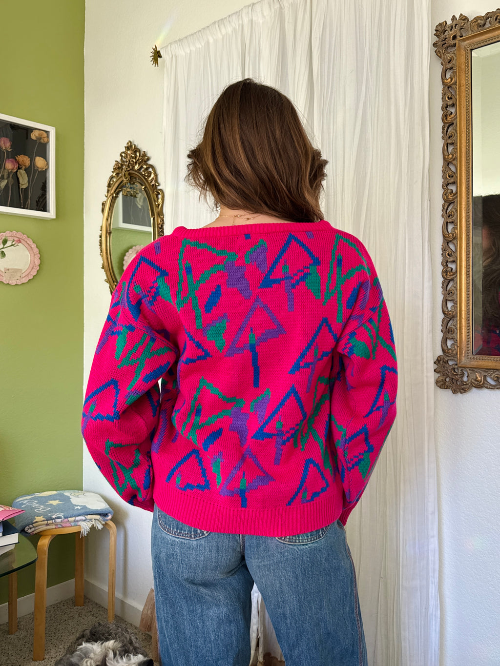 70s Hot Pink Abstract Tree Print Sweater
