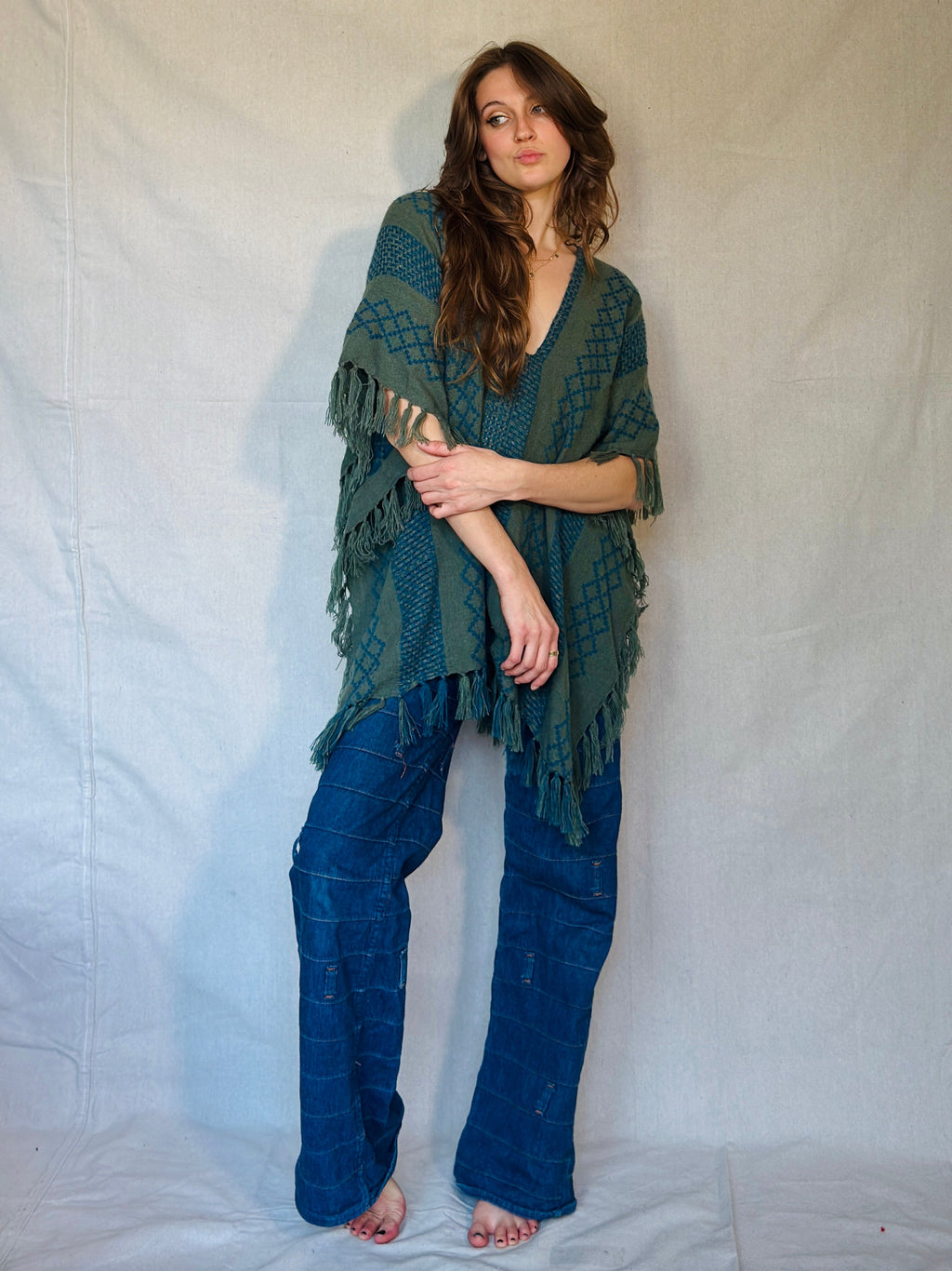 Free People Blue & Grey Fringe Poncho (Modern)