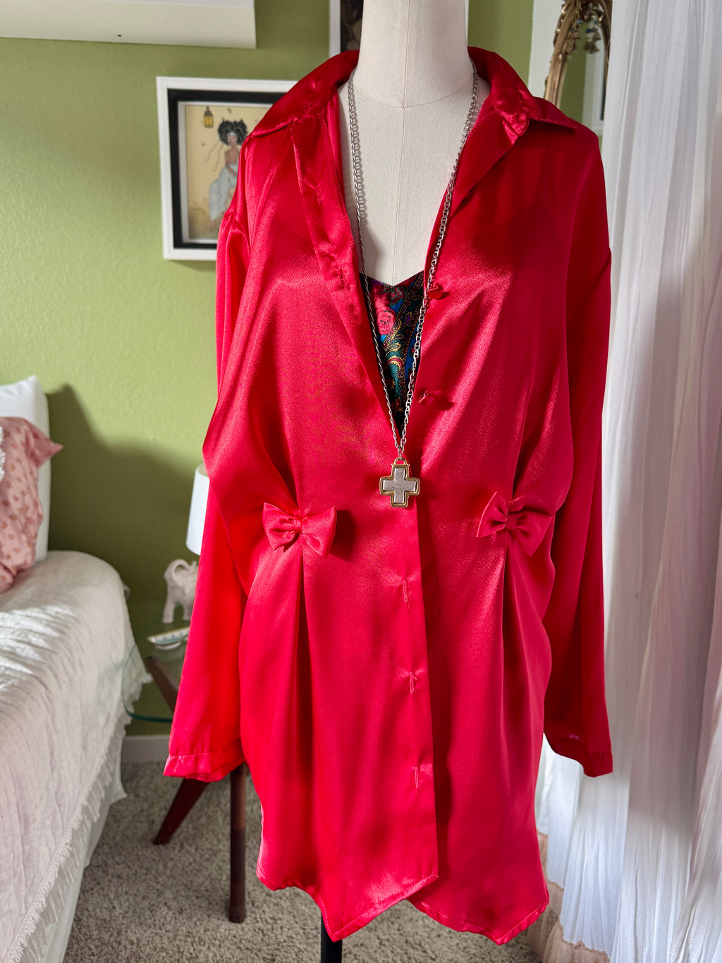 80s Red Satin Bow Button Up