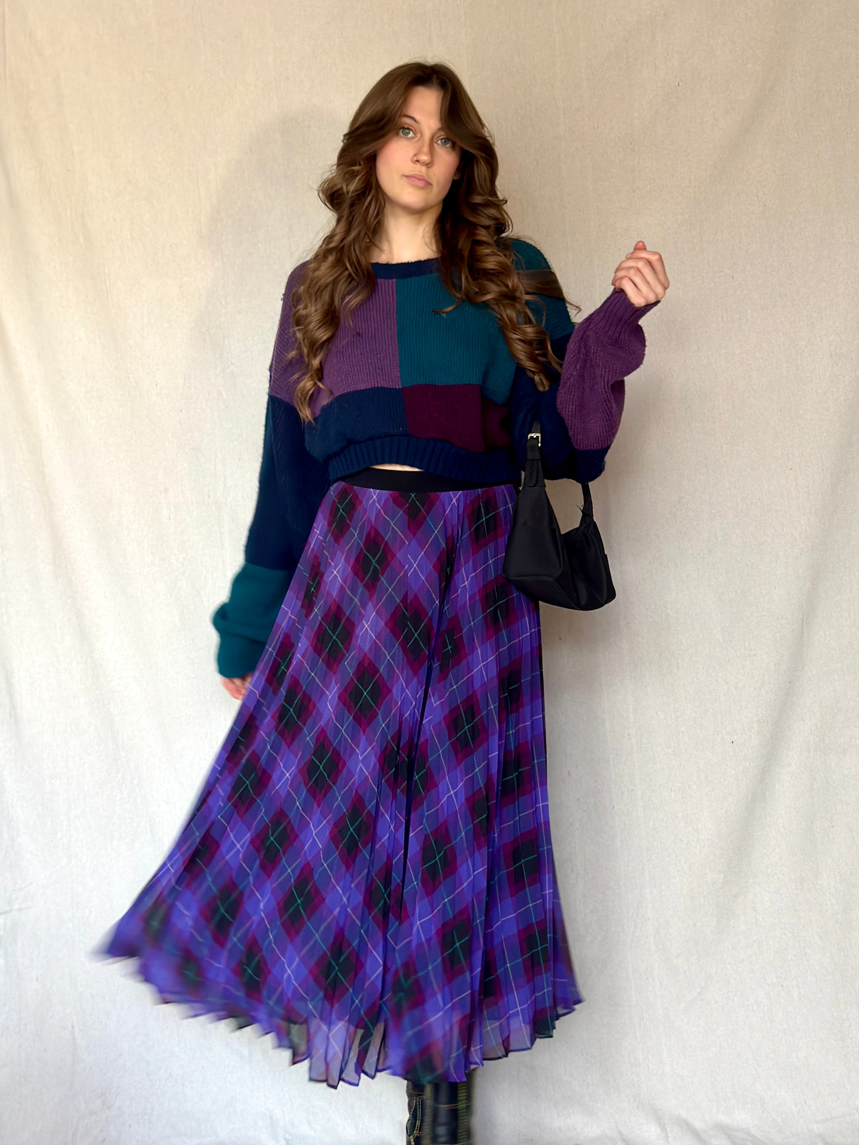 Y2K Purple Argyle Print Pleated Maxi Skirt