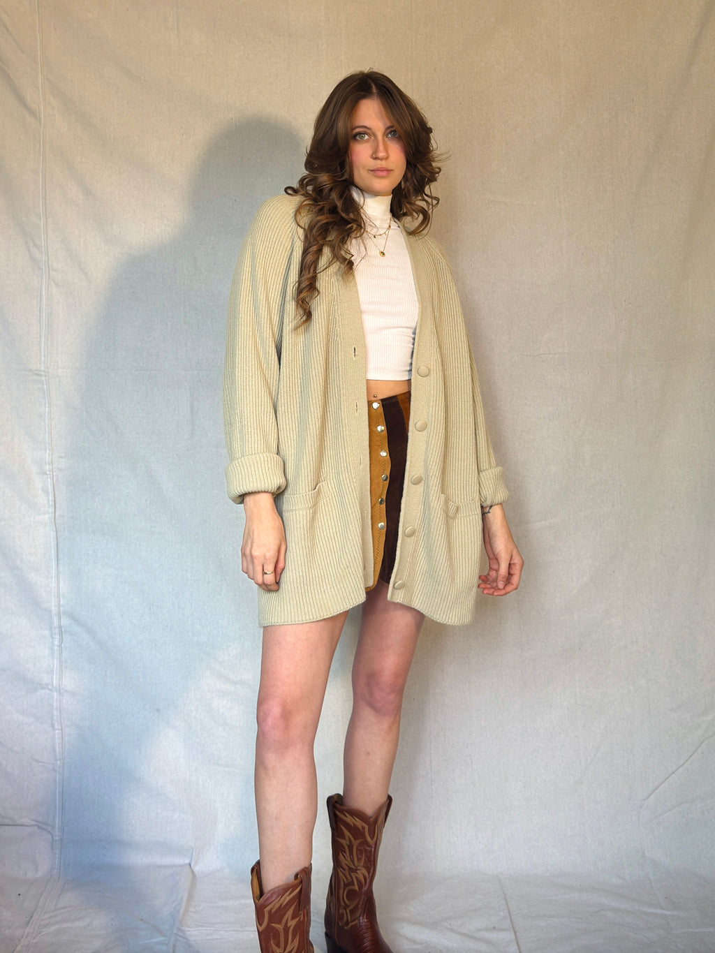 Y2K Light Beige Preppy Ribbed Cardigan Sweater
