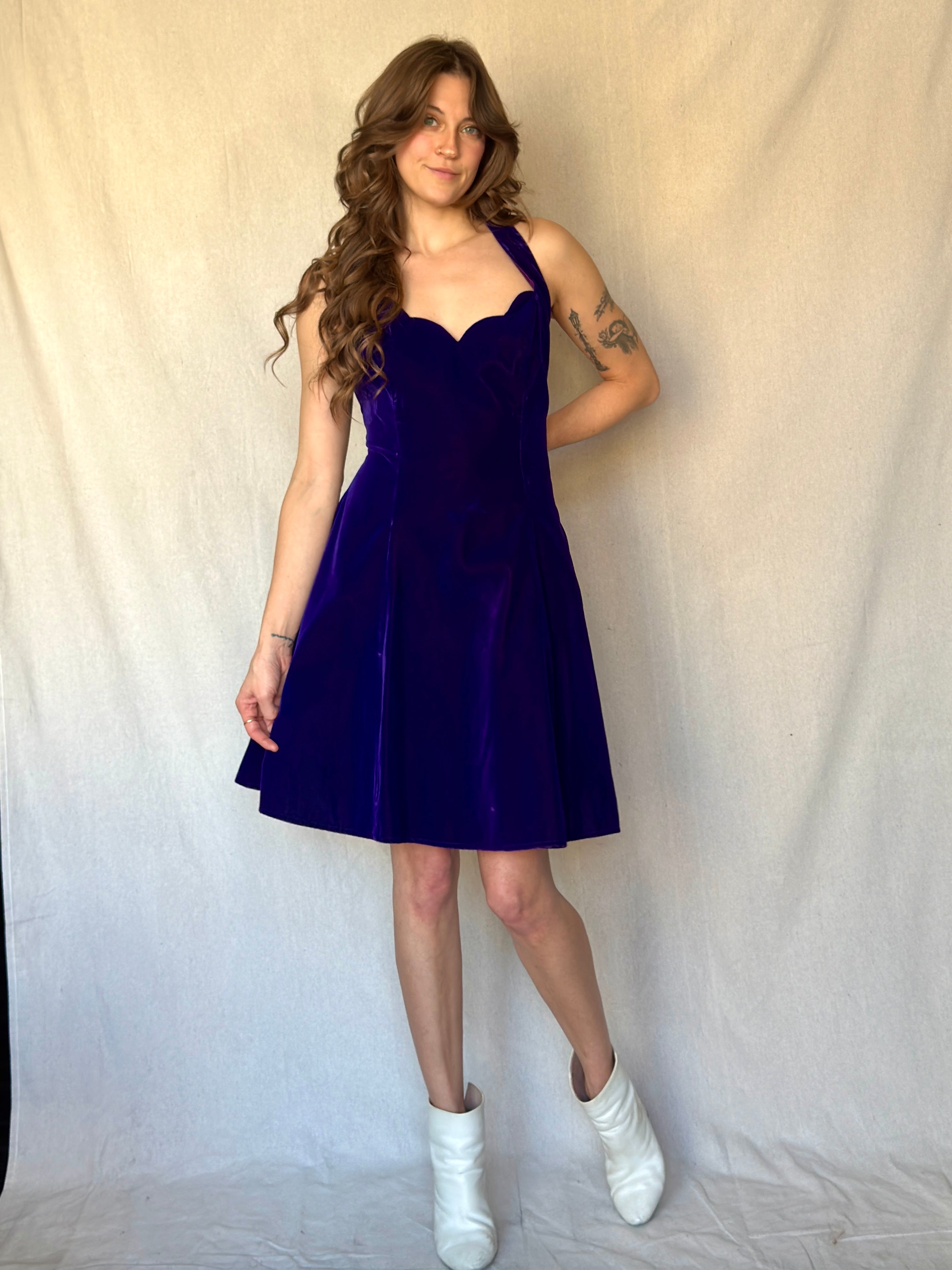 90s Purple Velvet Halter Mini Cocktail Dress
