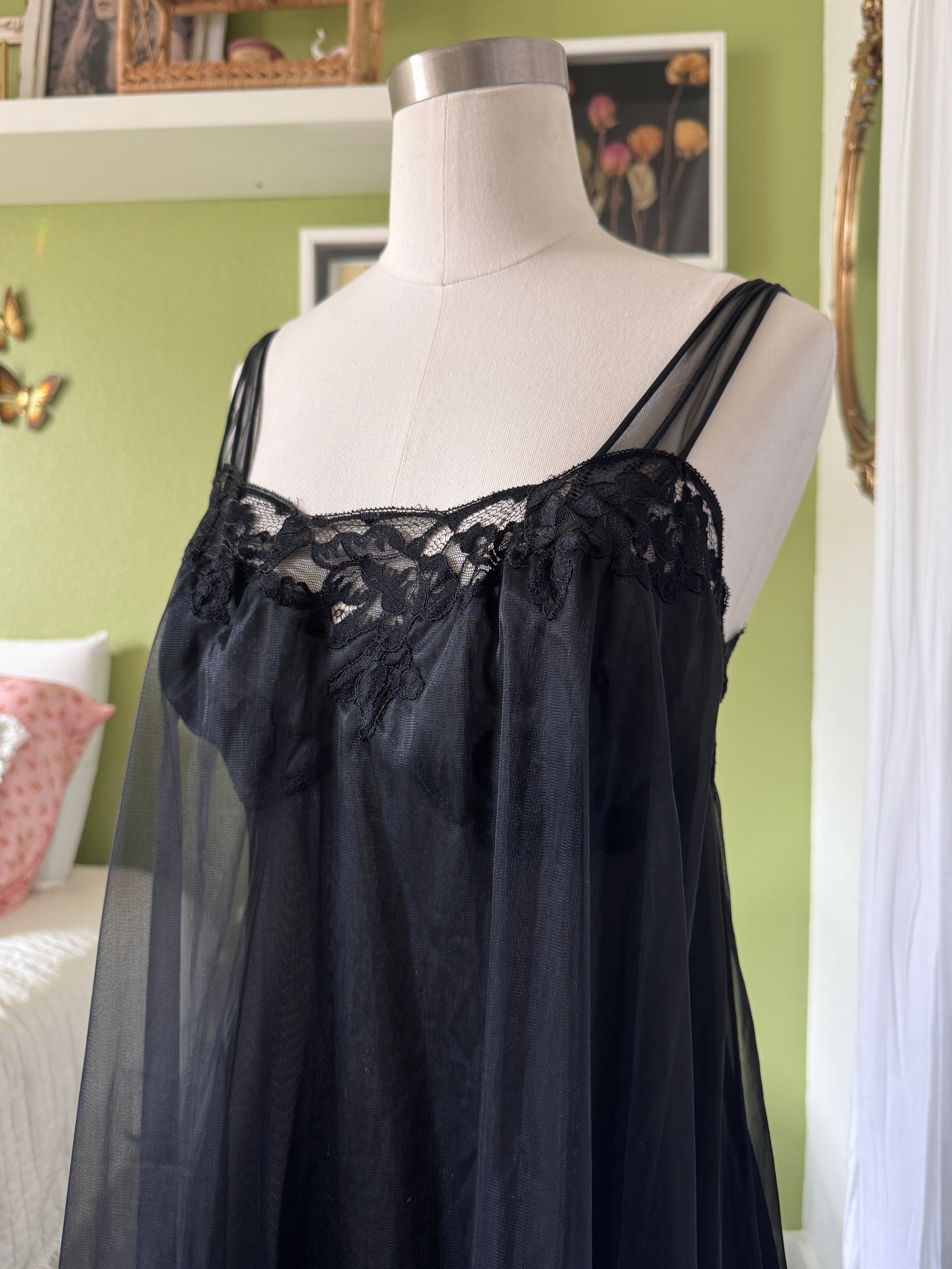60s Sheer Black Nylon Negligee & Peignoir Set