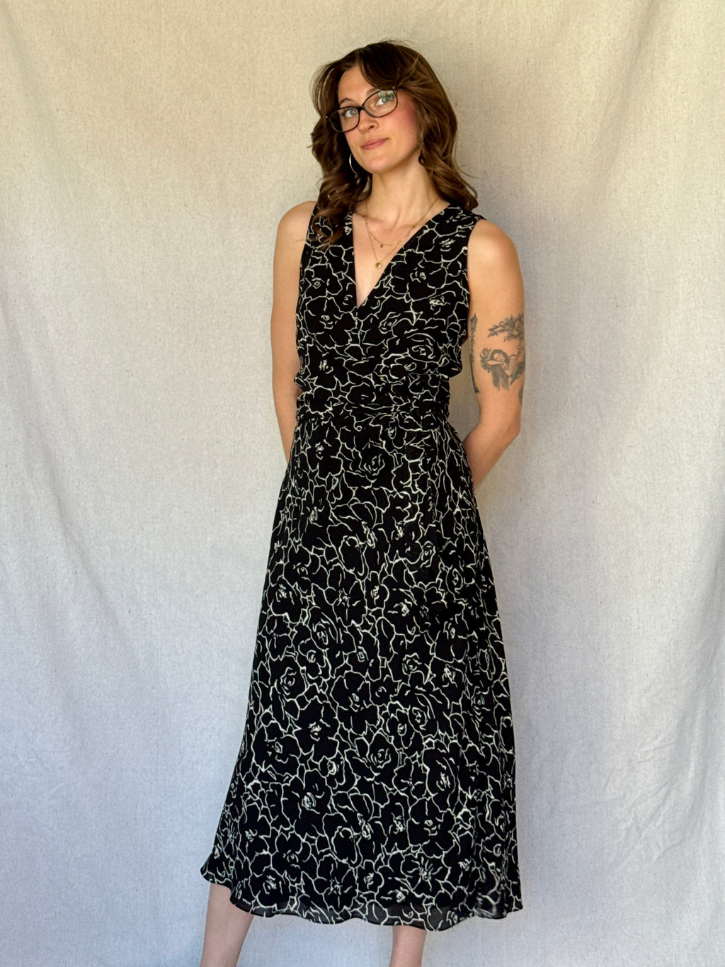 90s Black Floral Sleeveless Wrap Dress