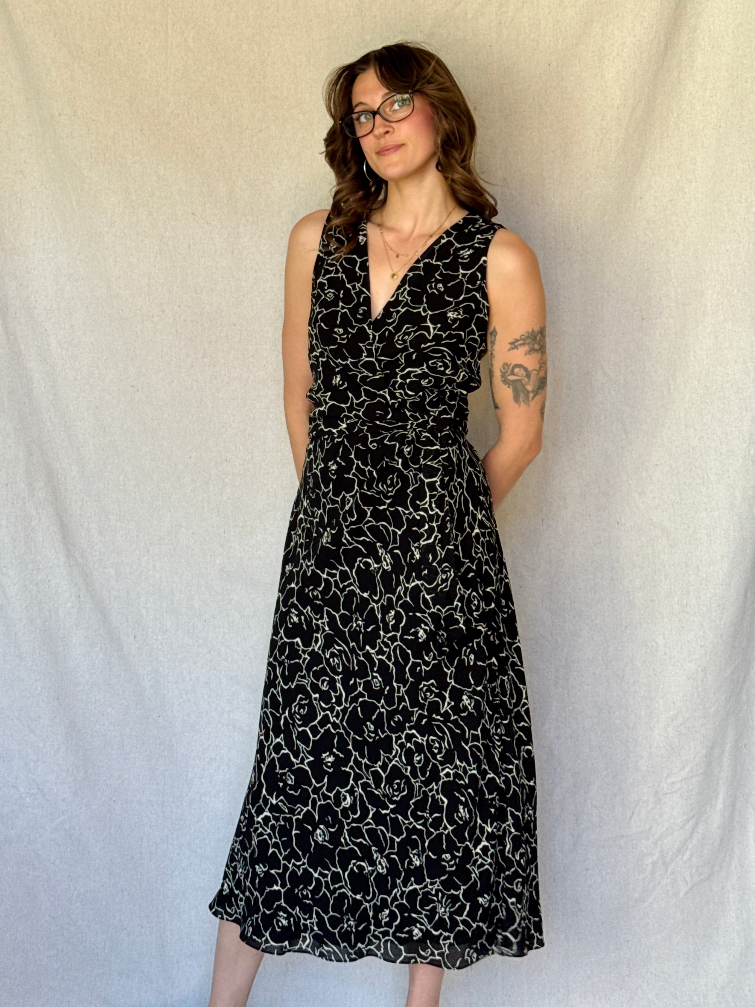 90s Black Floral Sleeveless Wrap Dress