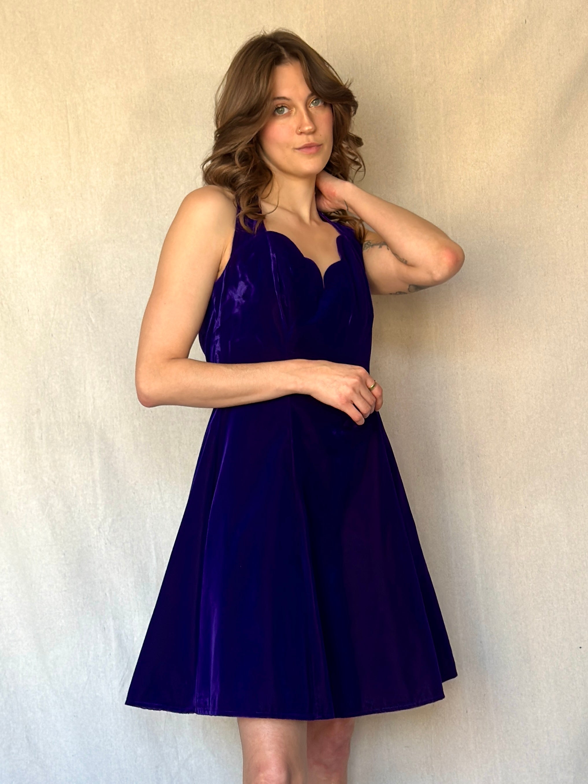 90s Purple Velvet Halter Mini Cocktail Dress