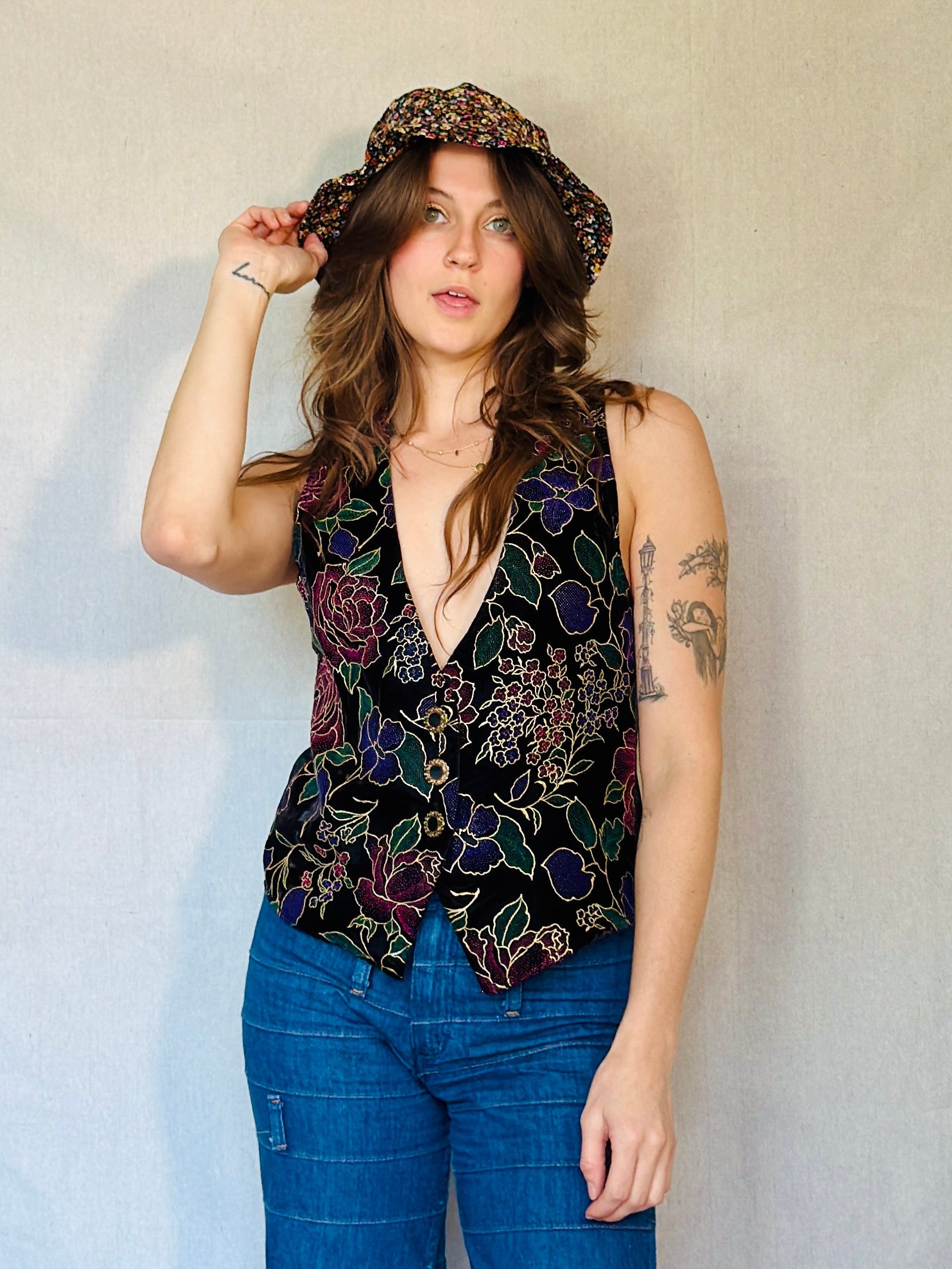 80s Black Velvet Floral Tux Vest