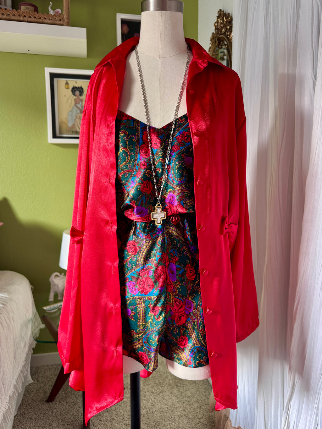 80s Red Satin Bow Button Up