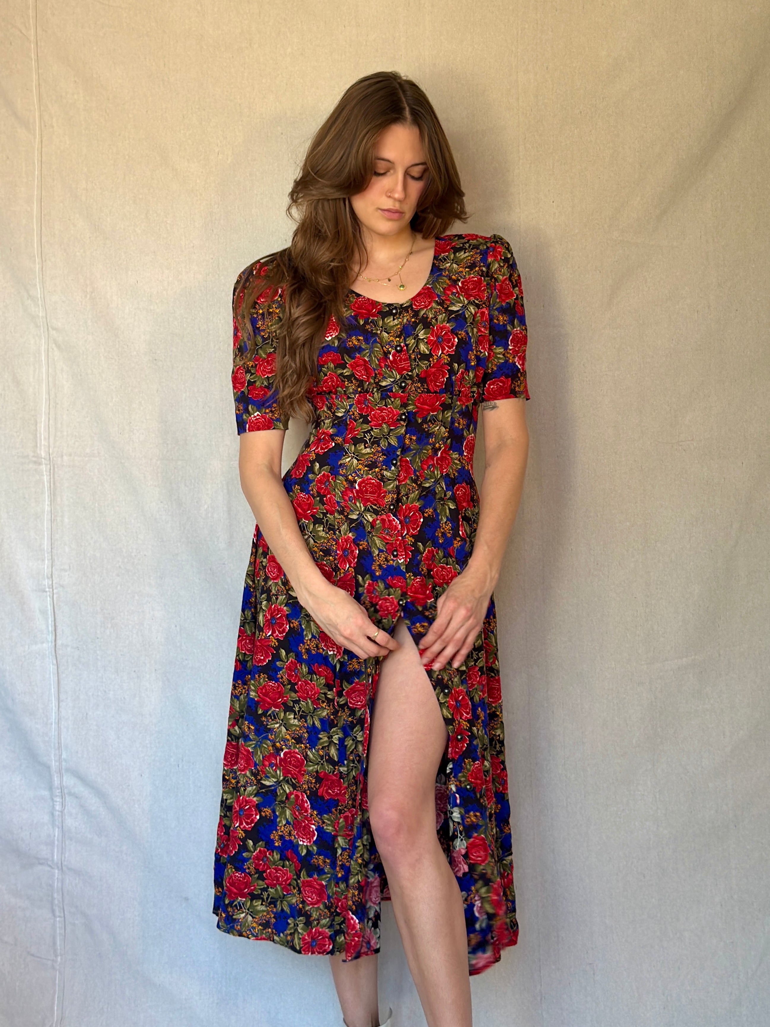 80s Blue Floral Print Button Dress