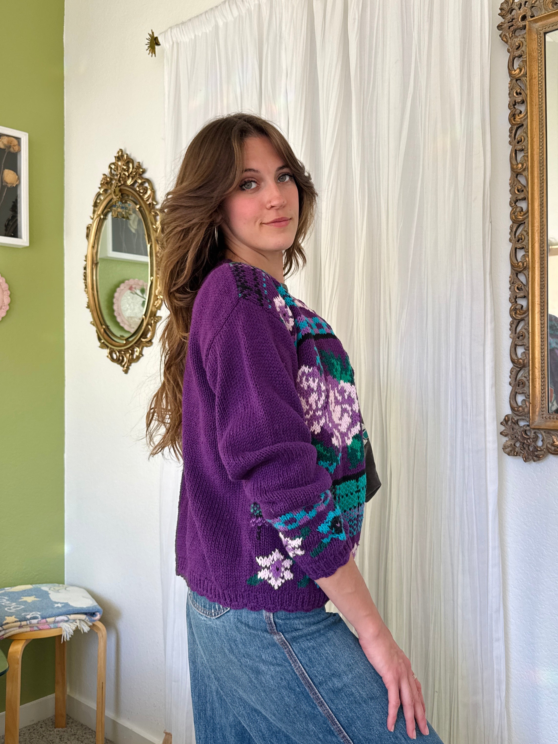 80s Purple Floral Plaid Granny Cardigan Sweater