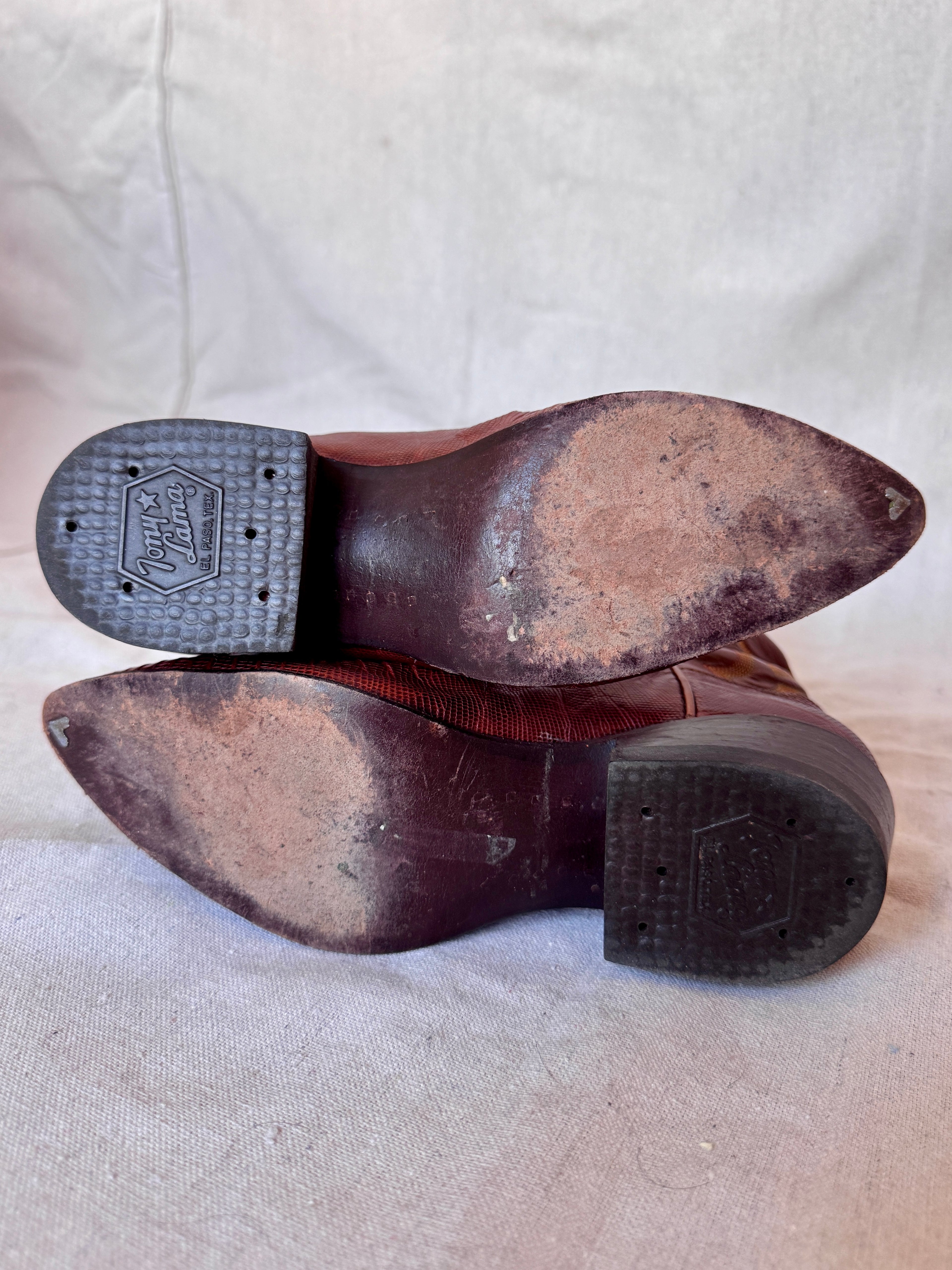 Vintage Brown Lizard Leather Stitched Tony Lama Cowboy Boots