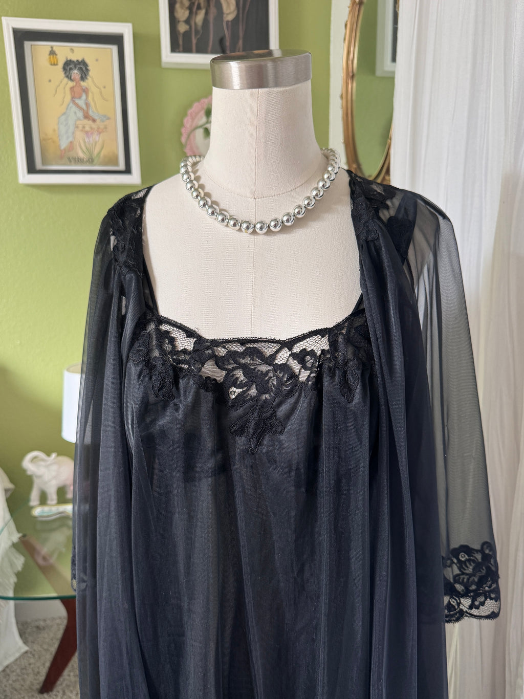 60s Sheer Black Nylon Negligee & Peignoir Set