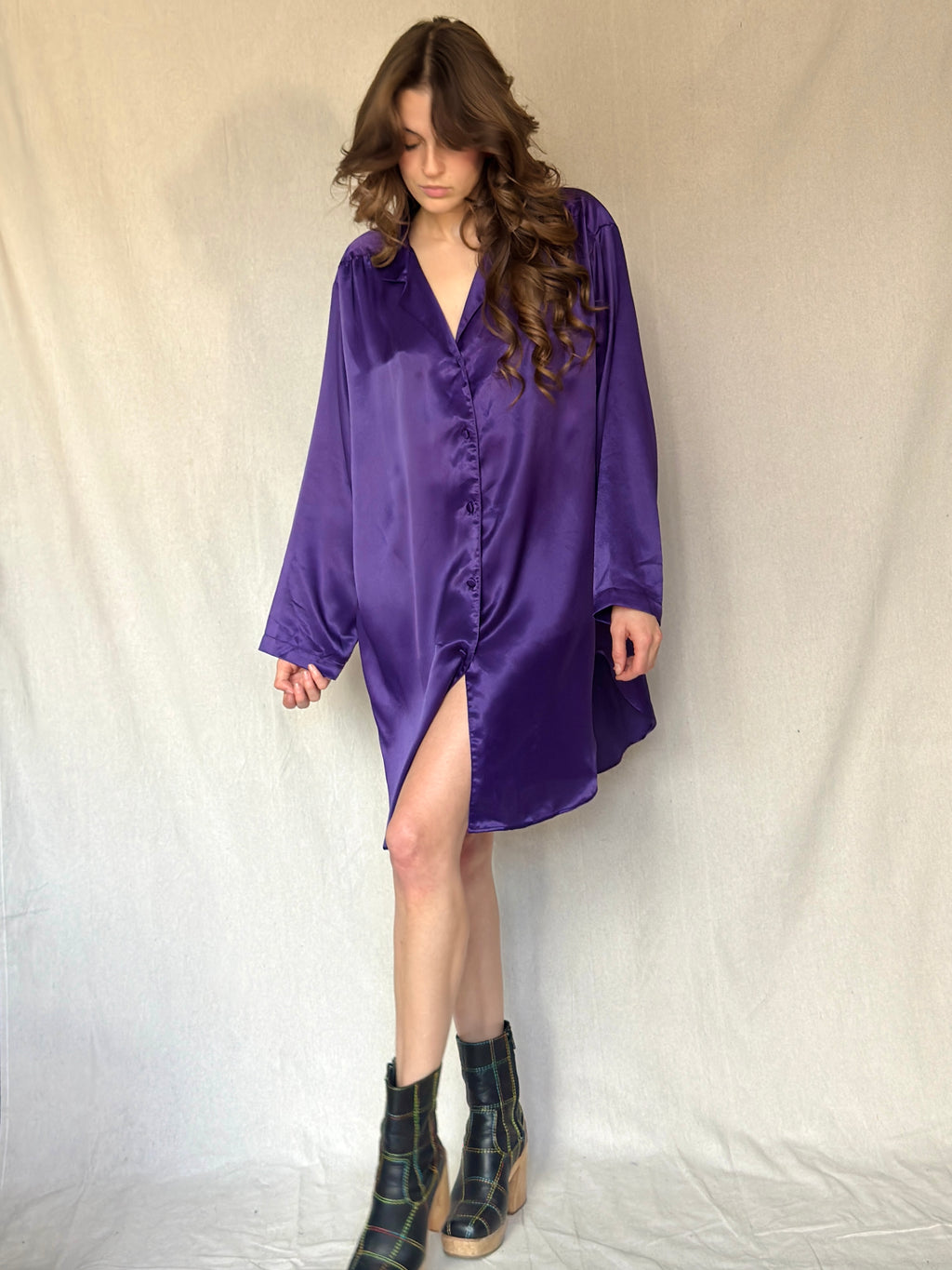 90s Purple Satin Button Up Dress