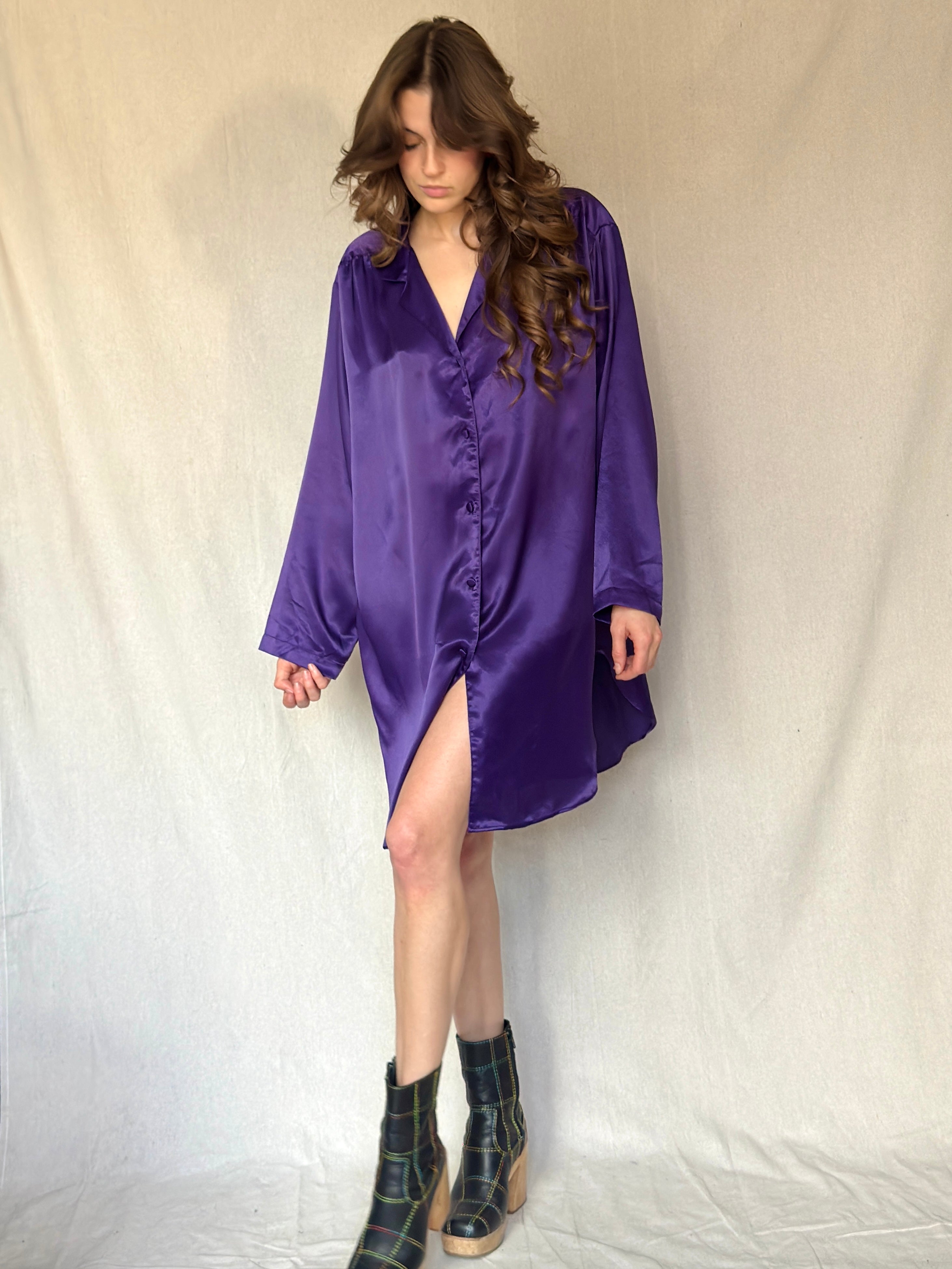 90s Purple Satin Button Up Dress