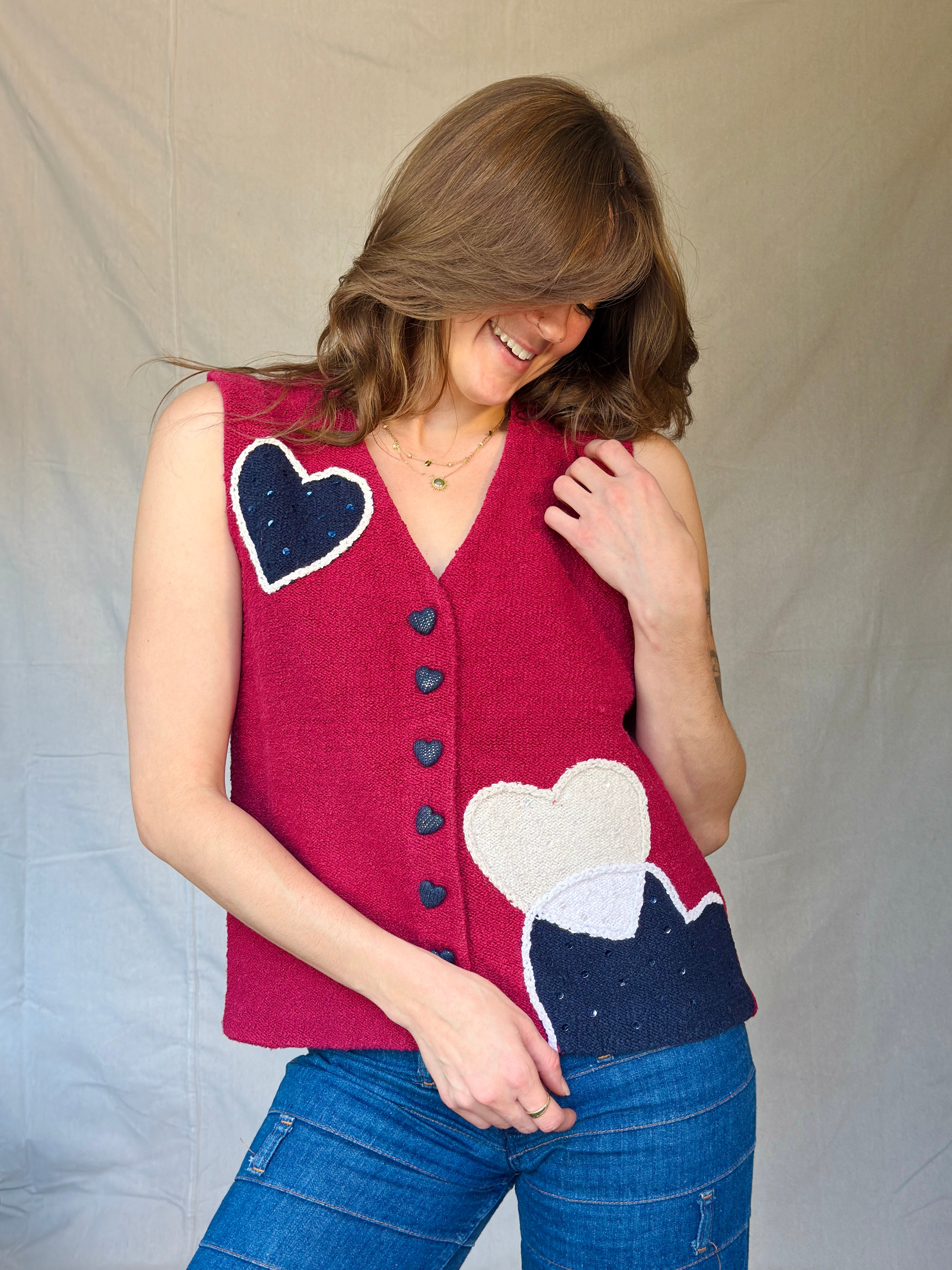 Y2K Red Cotton Knit Heart Sweater Vest