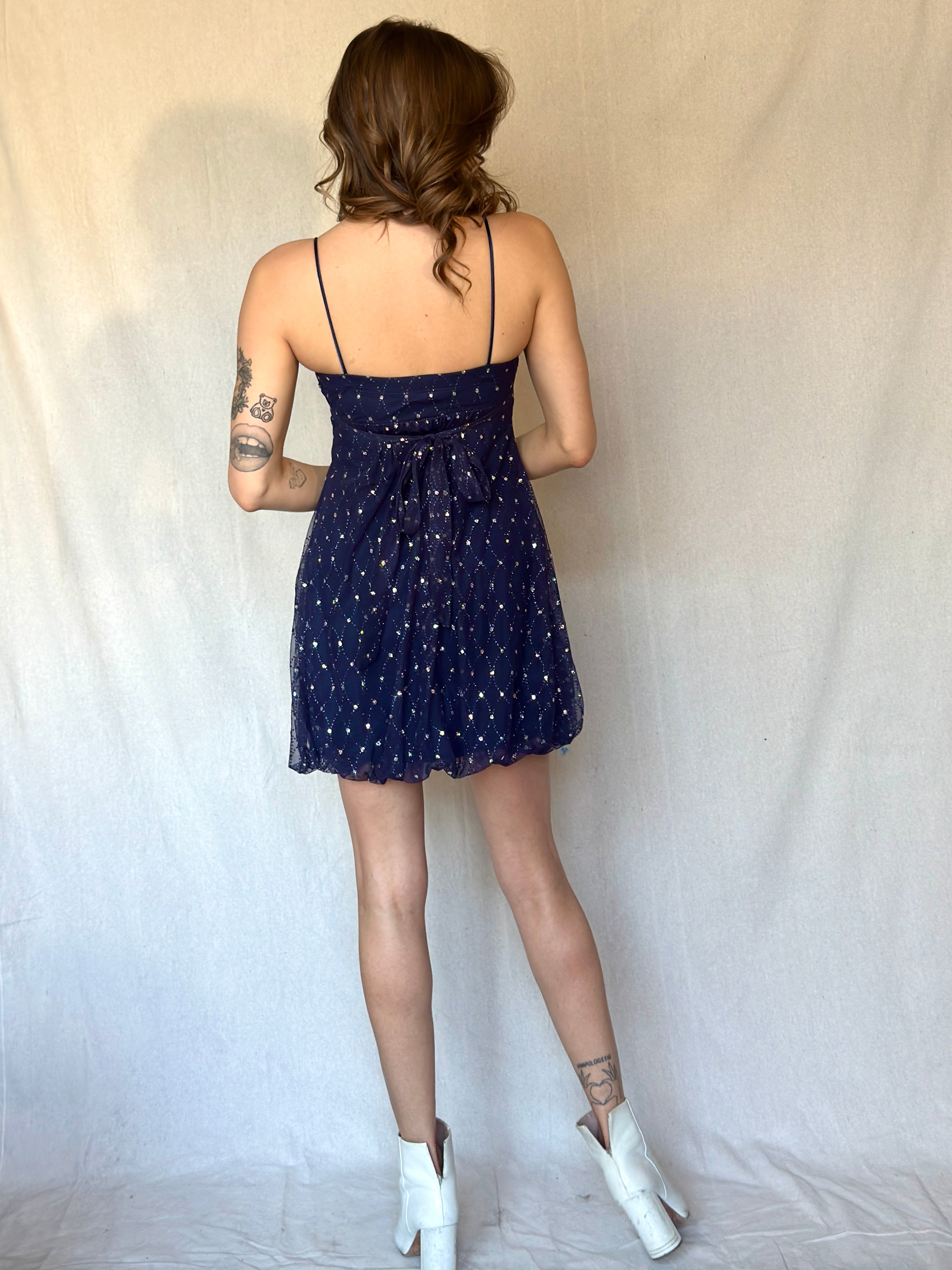 90s Strappy Navy Sequin Babydoll Dress