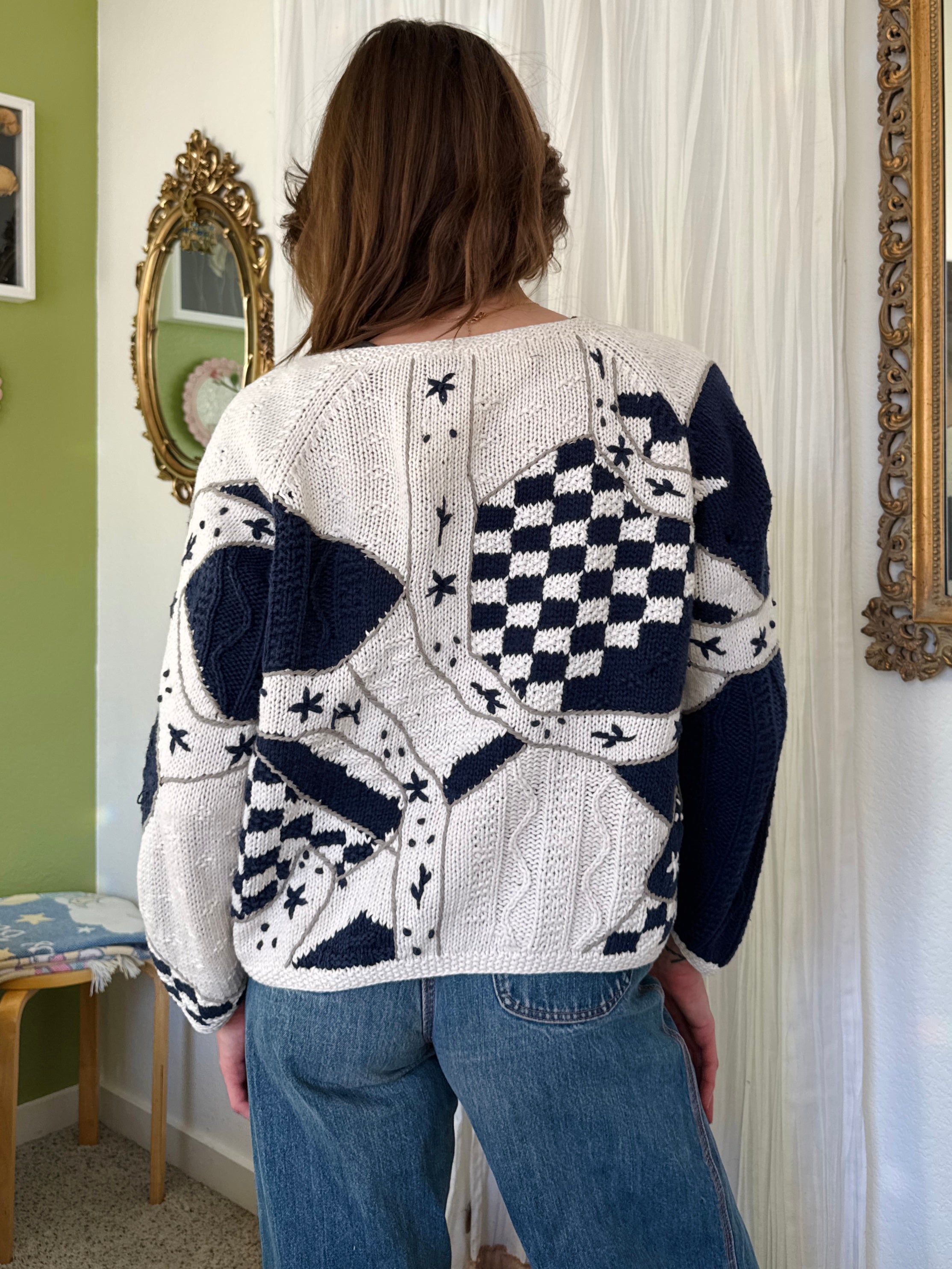 90s Cottagecore Blue & White Granny Cardigan Sweater