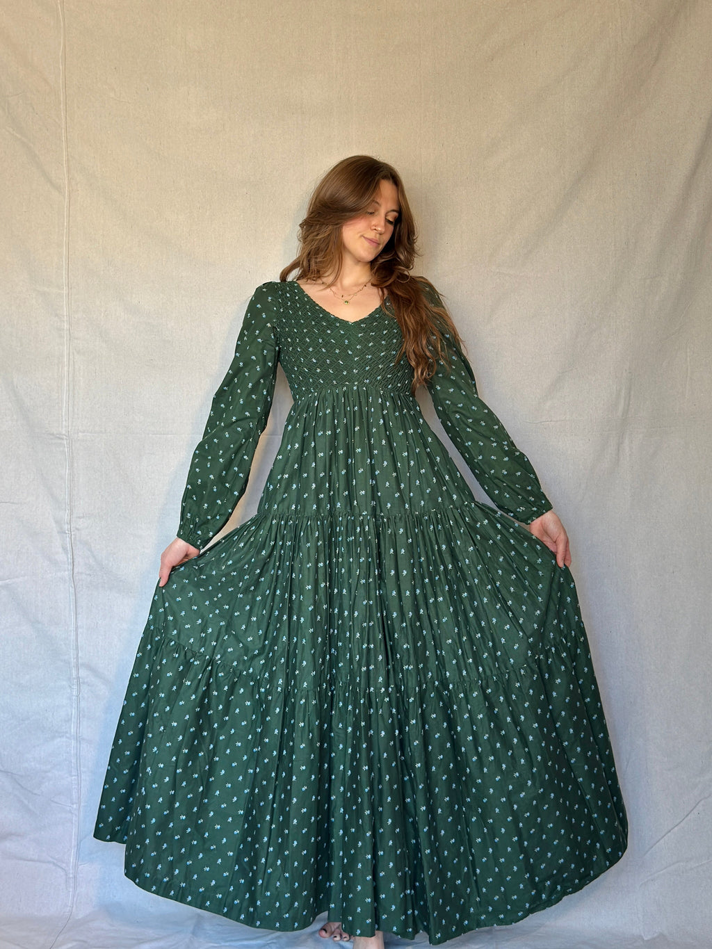 70s Green Micro Floral Tiered Prairie Dress