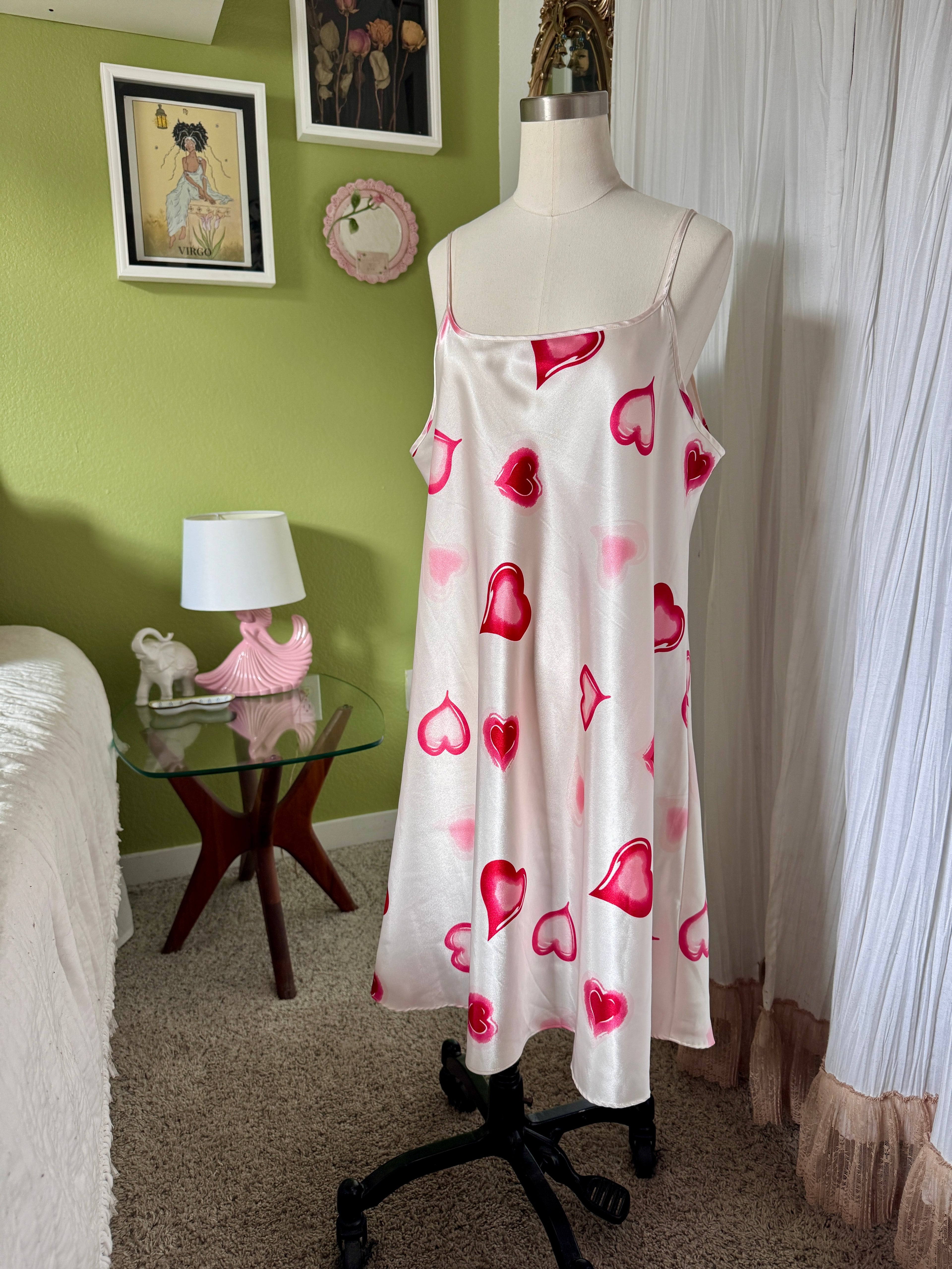 Y2K White Heart Print Satin Mini Slip Dress
