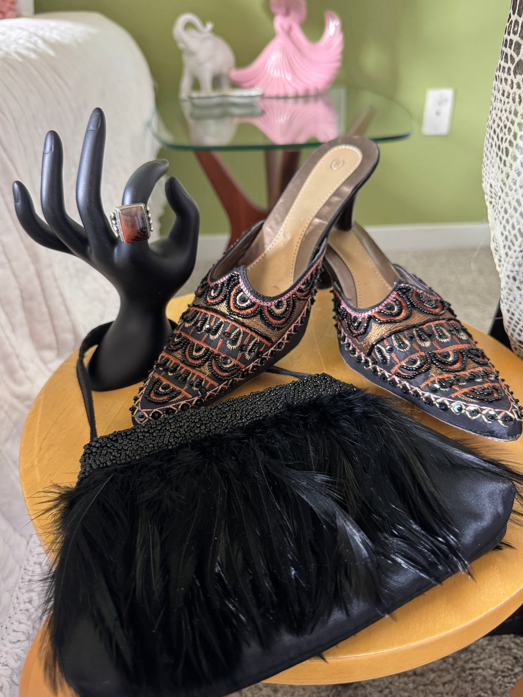90s Black Beaded Feather Evening Handbag