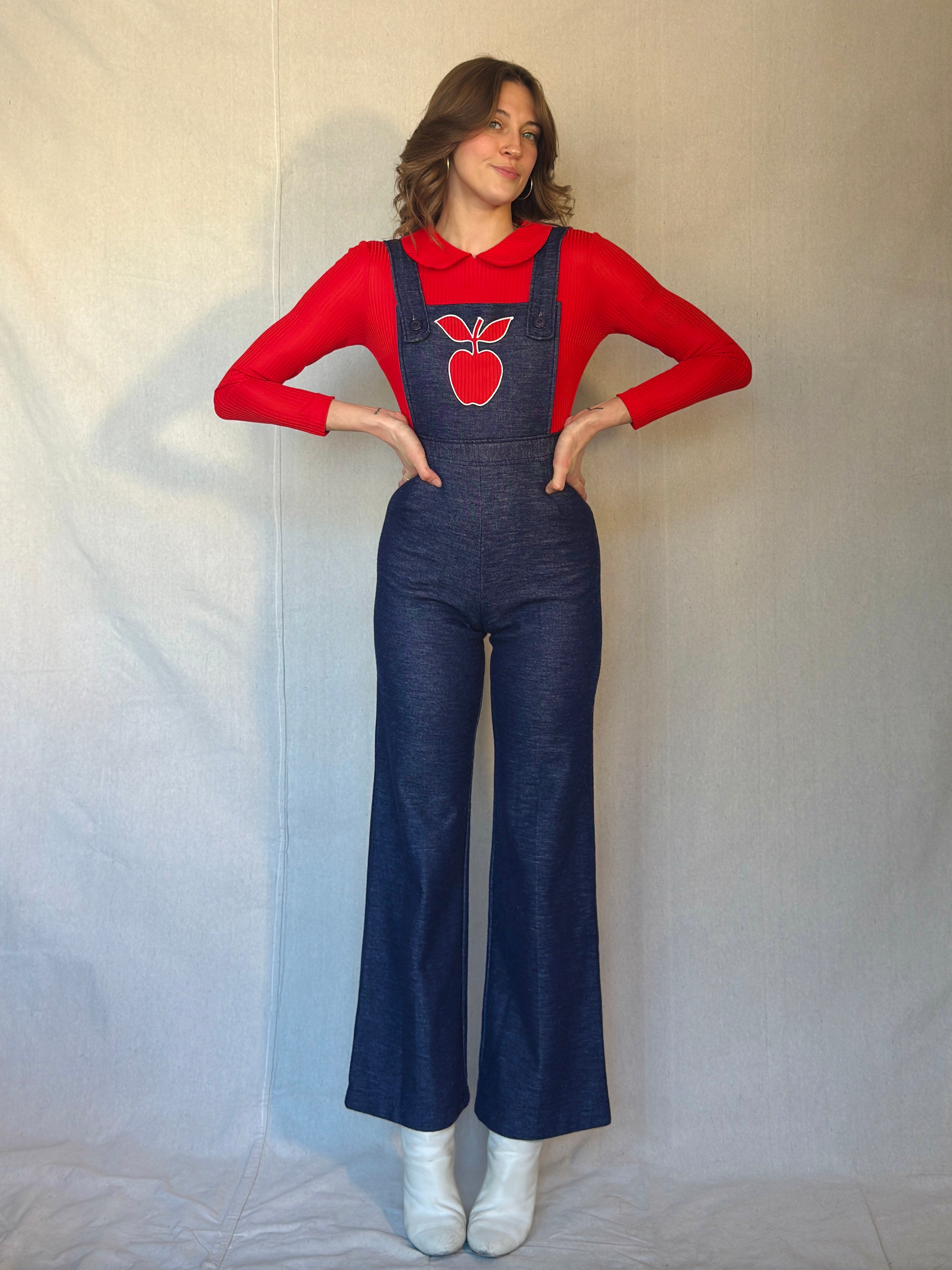 70s Red Apple Peter Pan Collar Overall Jumpsuit