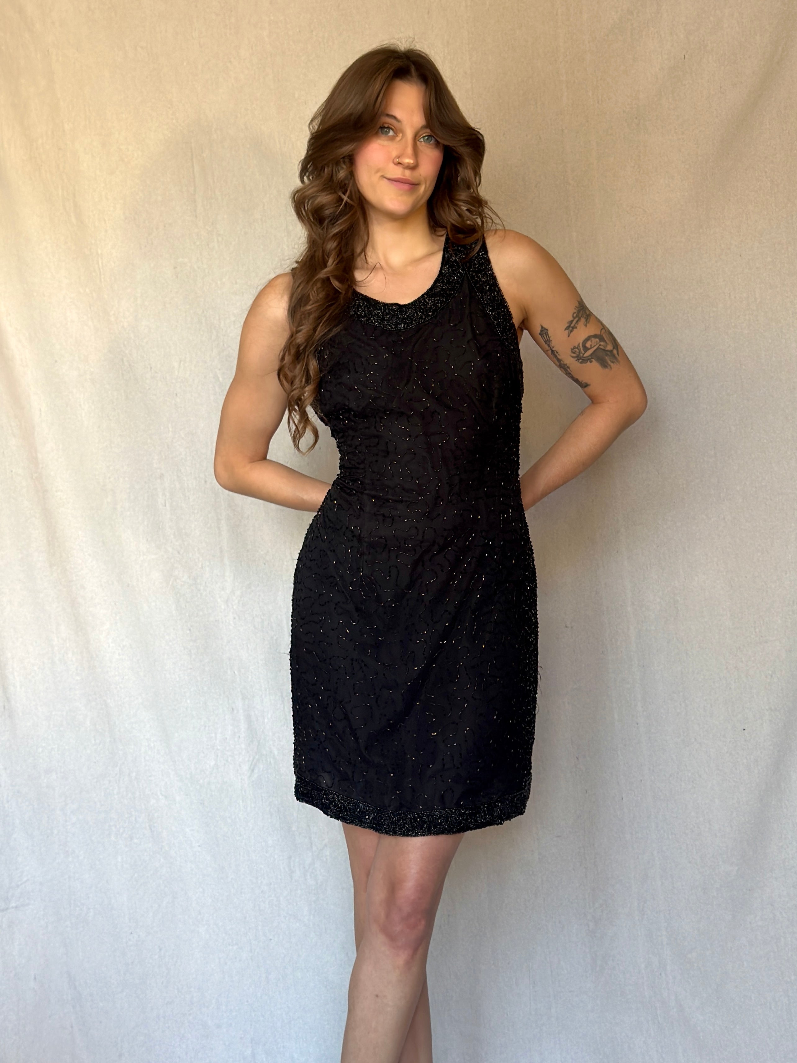 90s Black Beaded Silk Mini Cocktail Dress