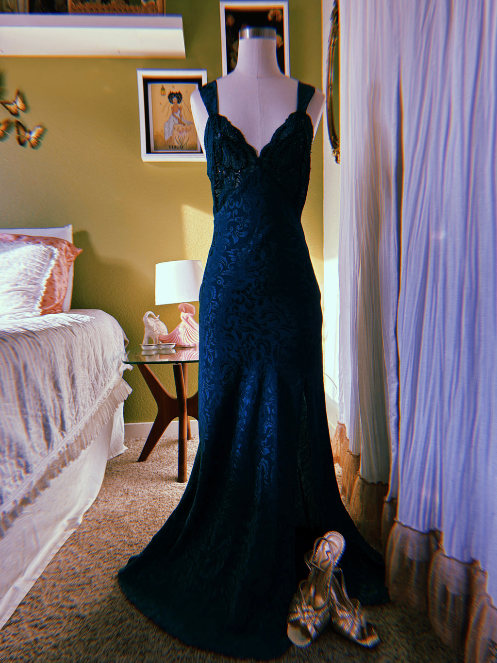 80s Emerald Green Victoria’s Secret Jacquard Beaded Lace Mermaid Slip Dress