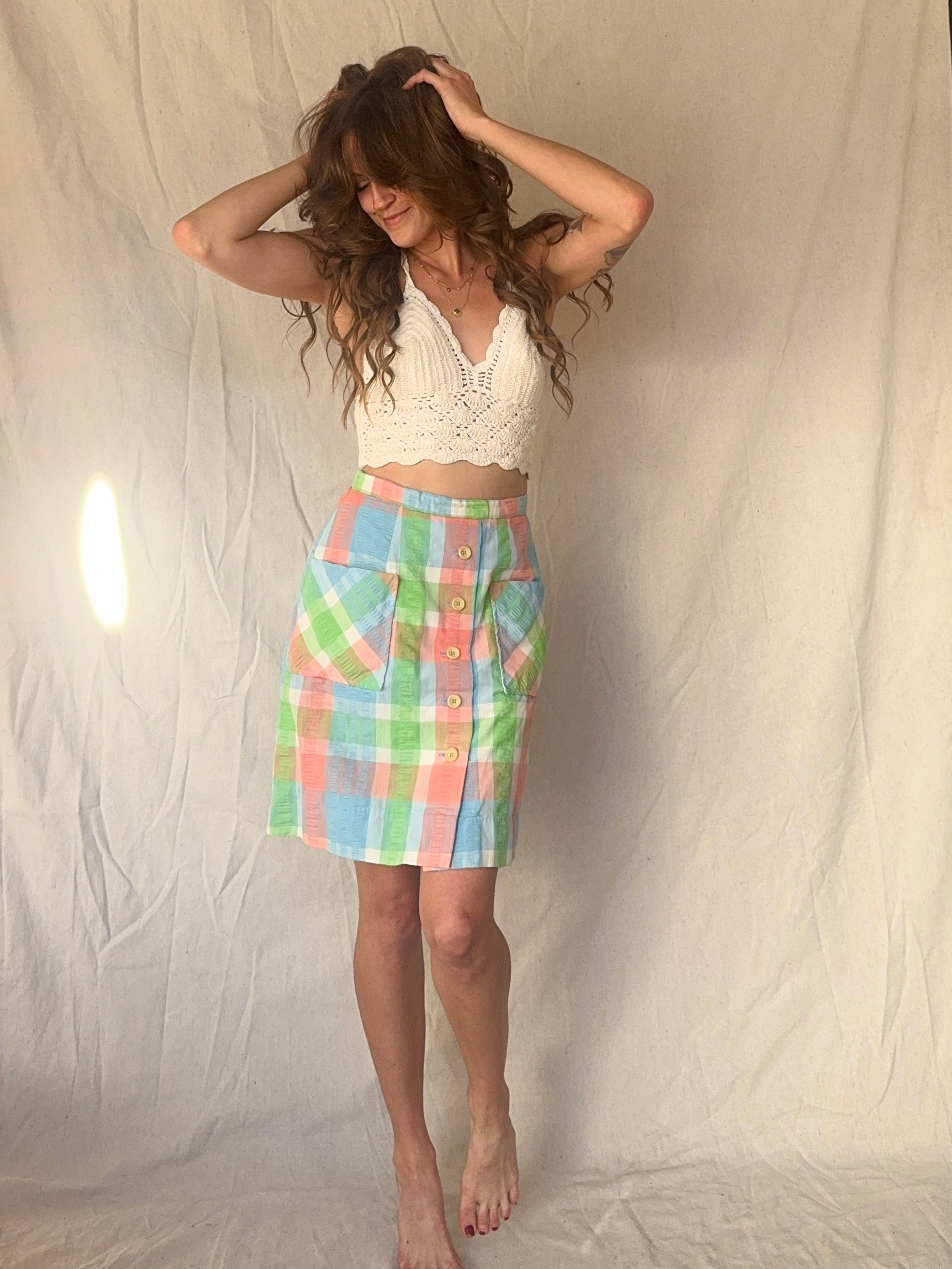 60s Preppy Plaid Mini Button Circle Skirt