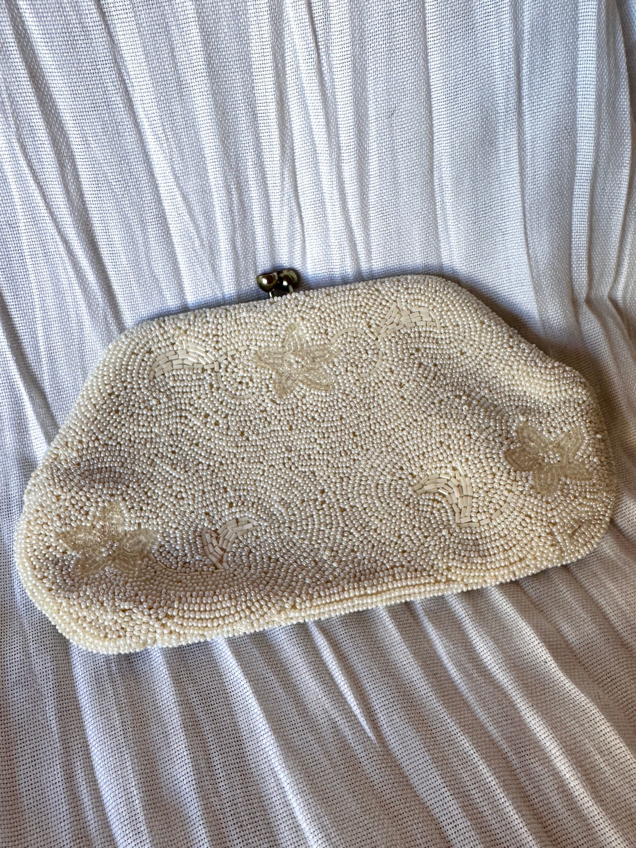 Vintage White Pearl Hand Beaded Clutch