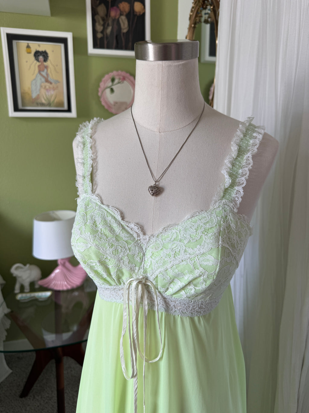 60s/70s Key Lime Green Nylon Lace Neglige Slip Dress