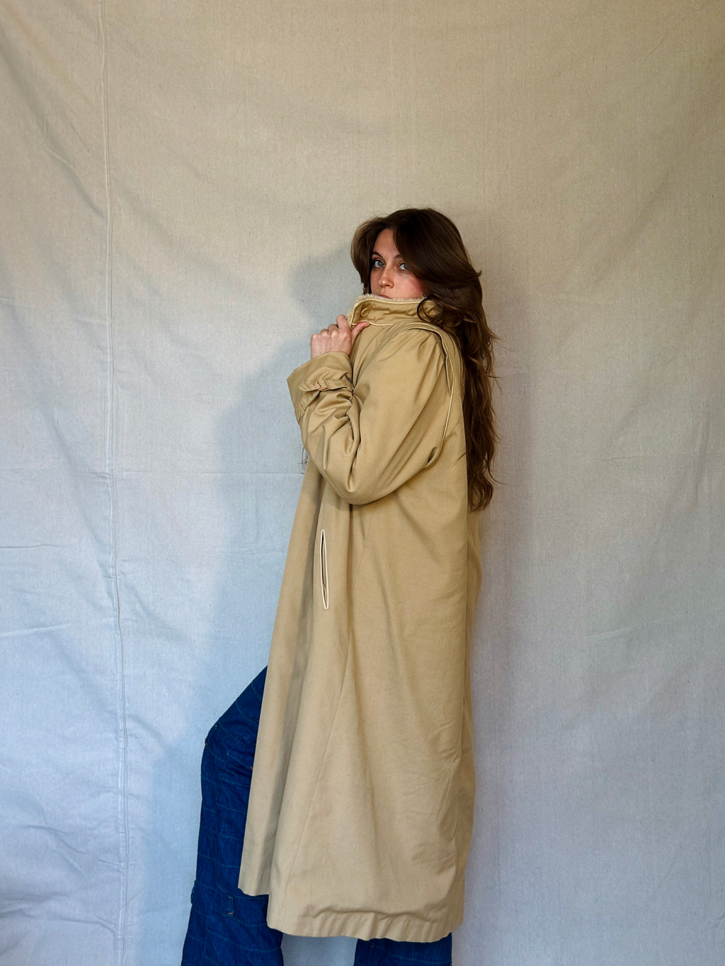 70s Tan Faux Shearling Trench Coat