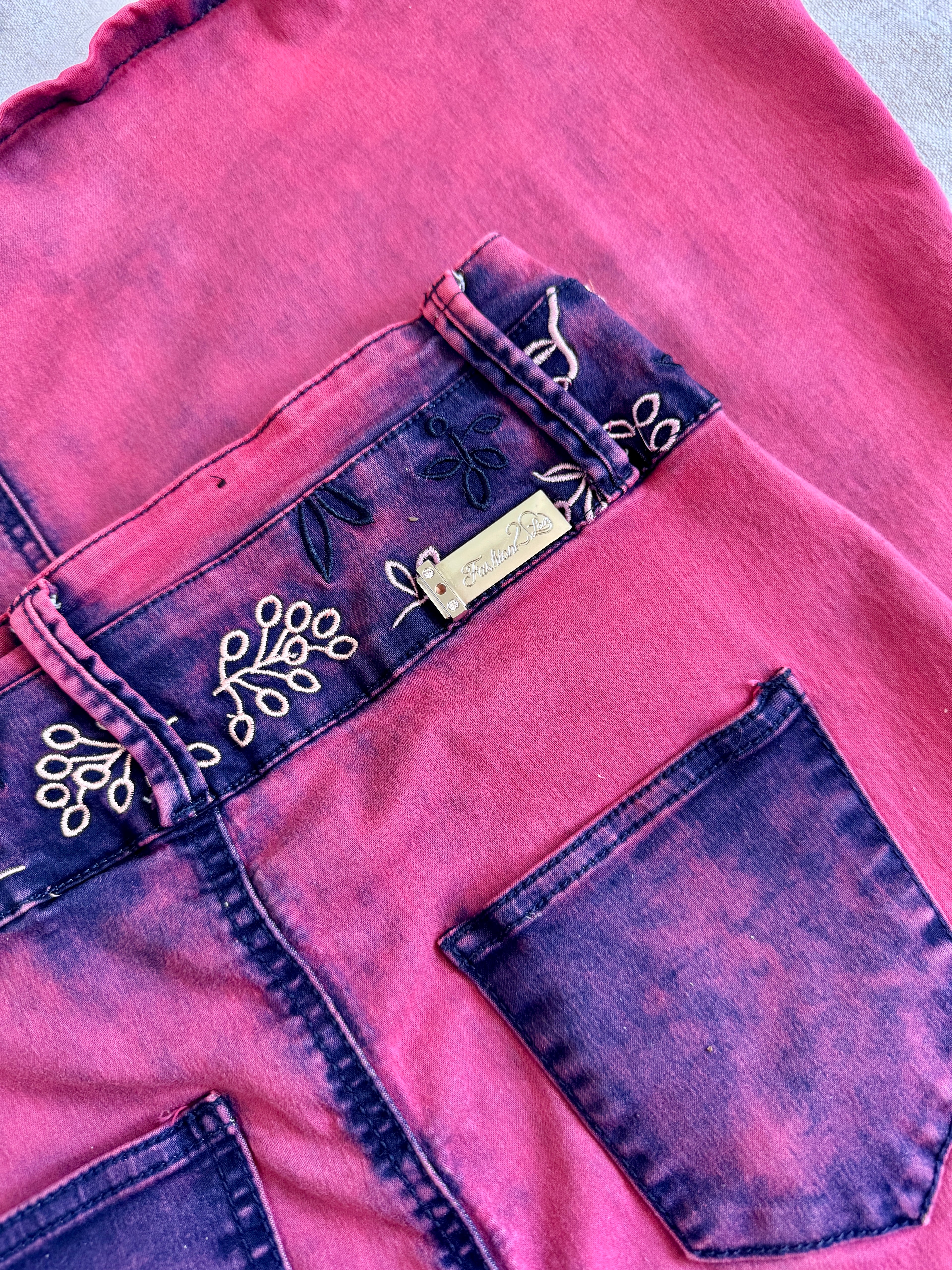 90s/Y2K Pink Whimsigoth Bleach Dye Embroidered Midi Skirt