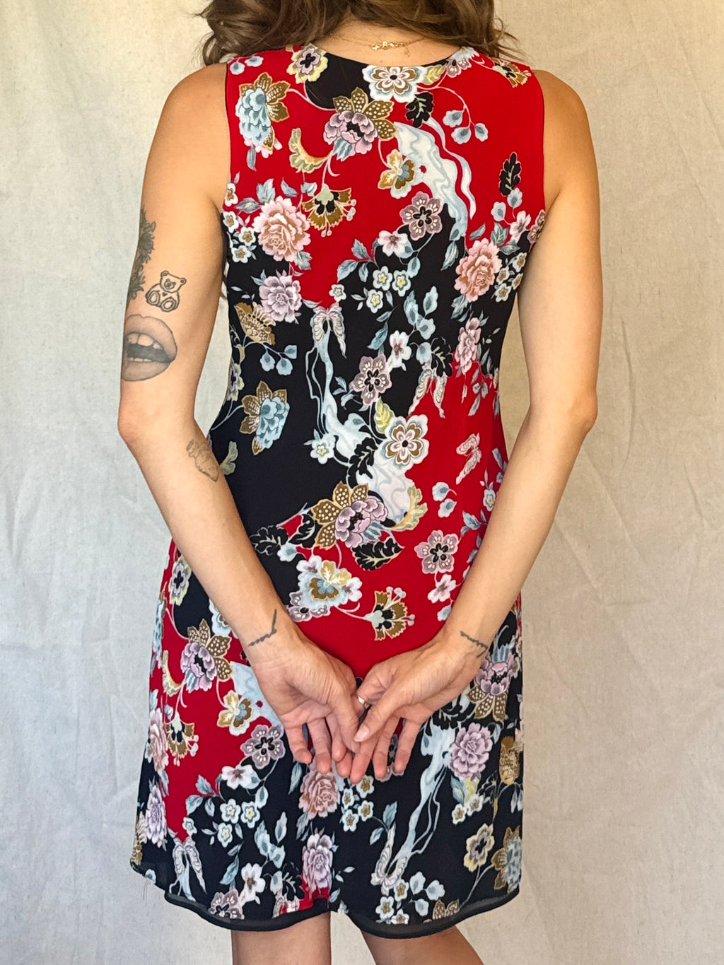 90s Black & Red Floral Butterfly Whimsigoth Chiffon Mini Dress
