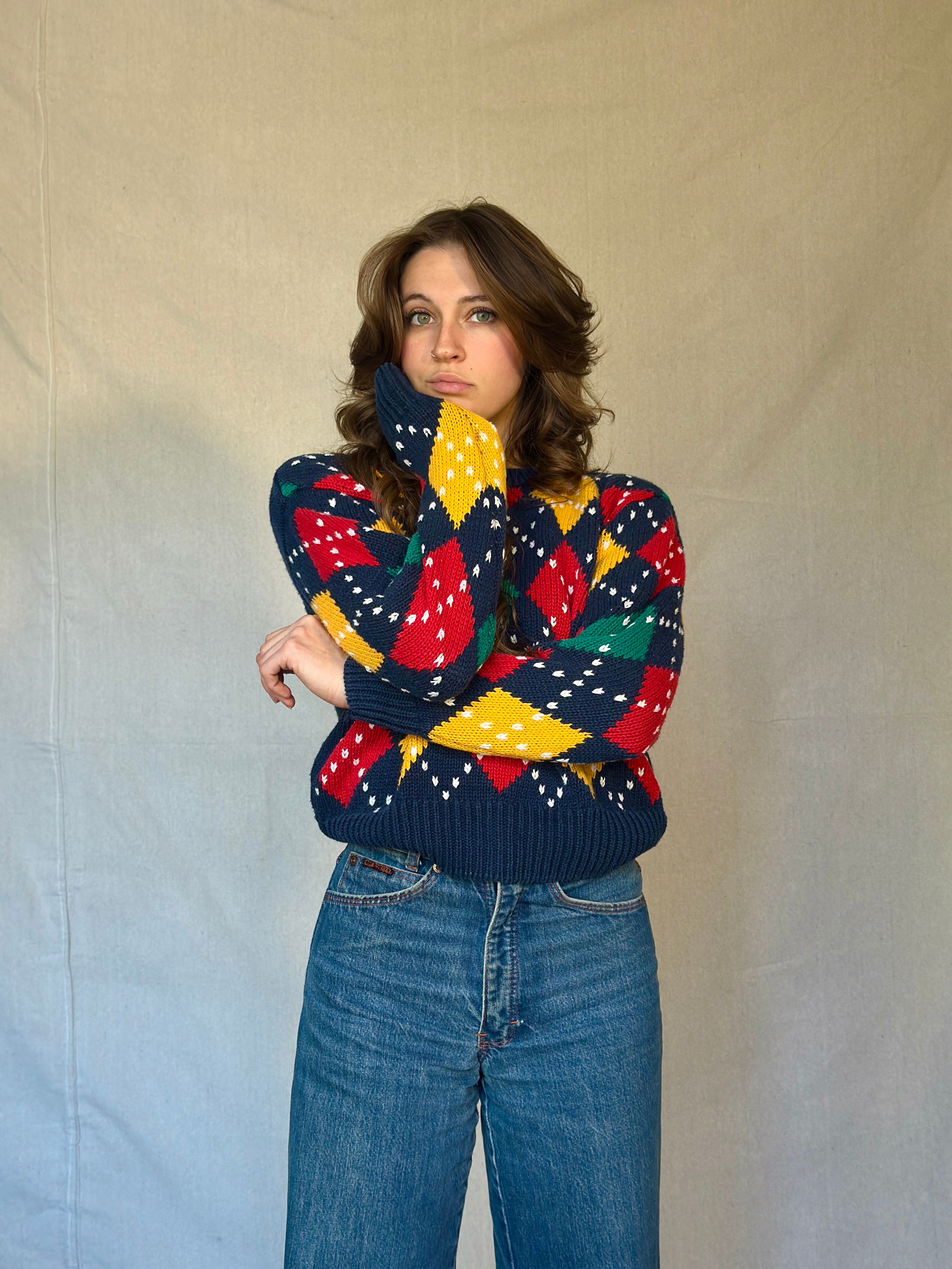 80s Chunky Blue Argyle Sweater