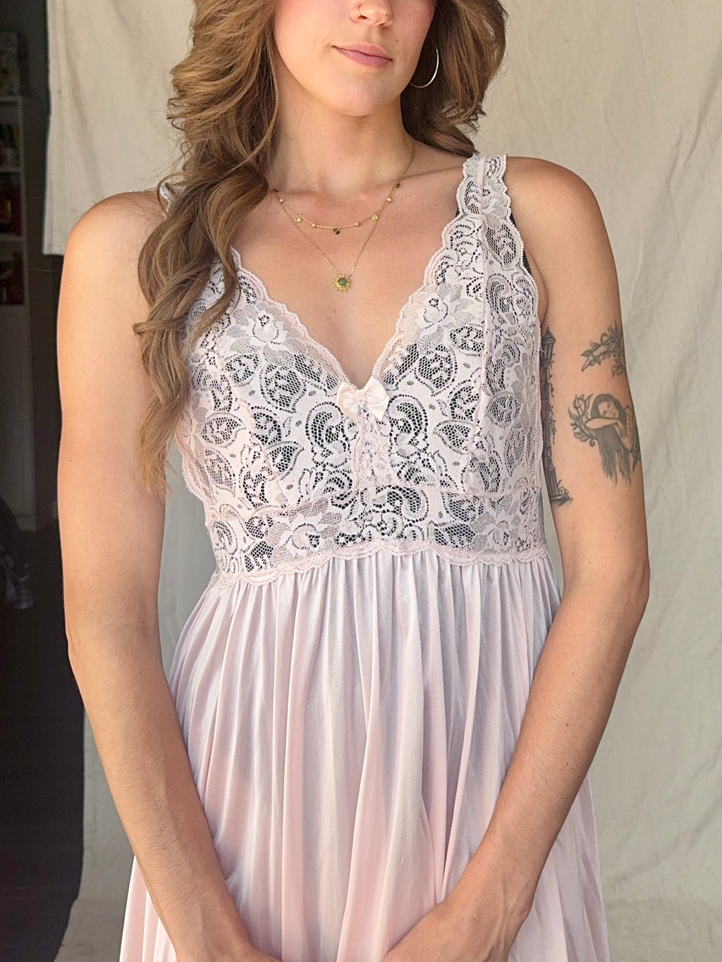 90s Baby Pink Nylon Lace Slip Dress