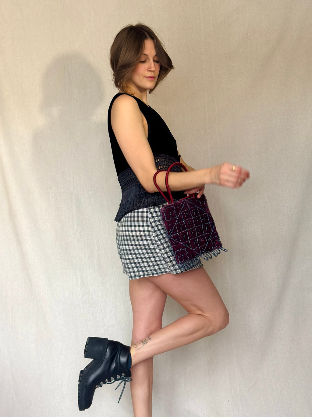 90s Black Velvet Fringe Vest Top