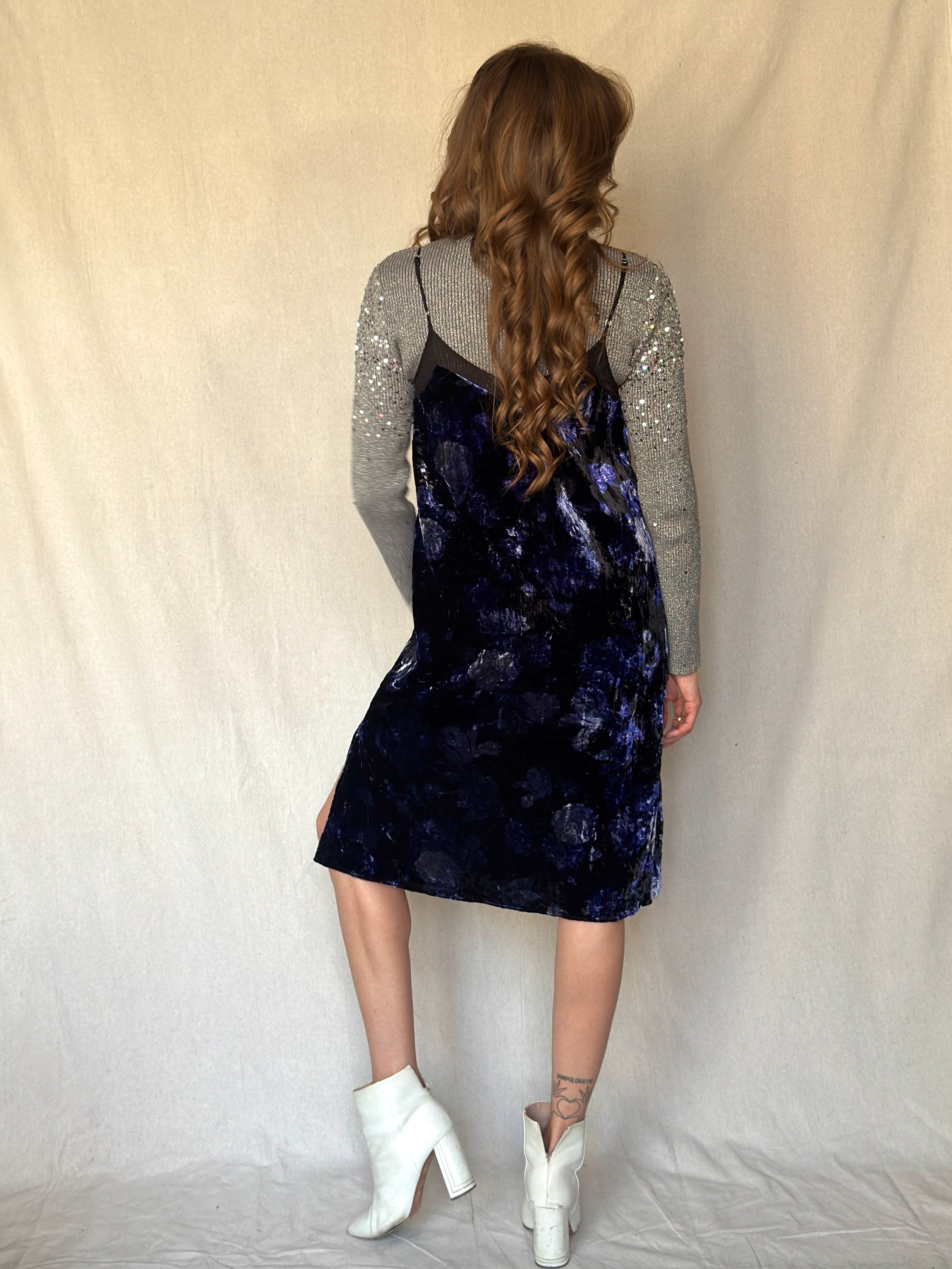 90s Silver Lurex Sequin Mockneck Ribbed Top