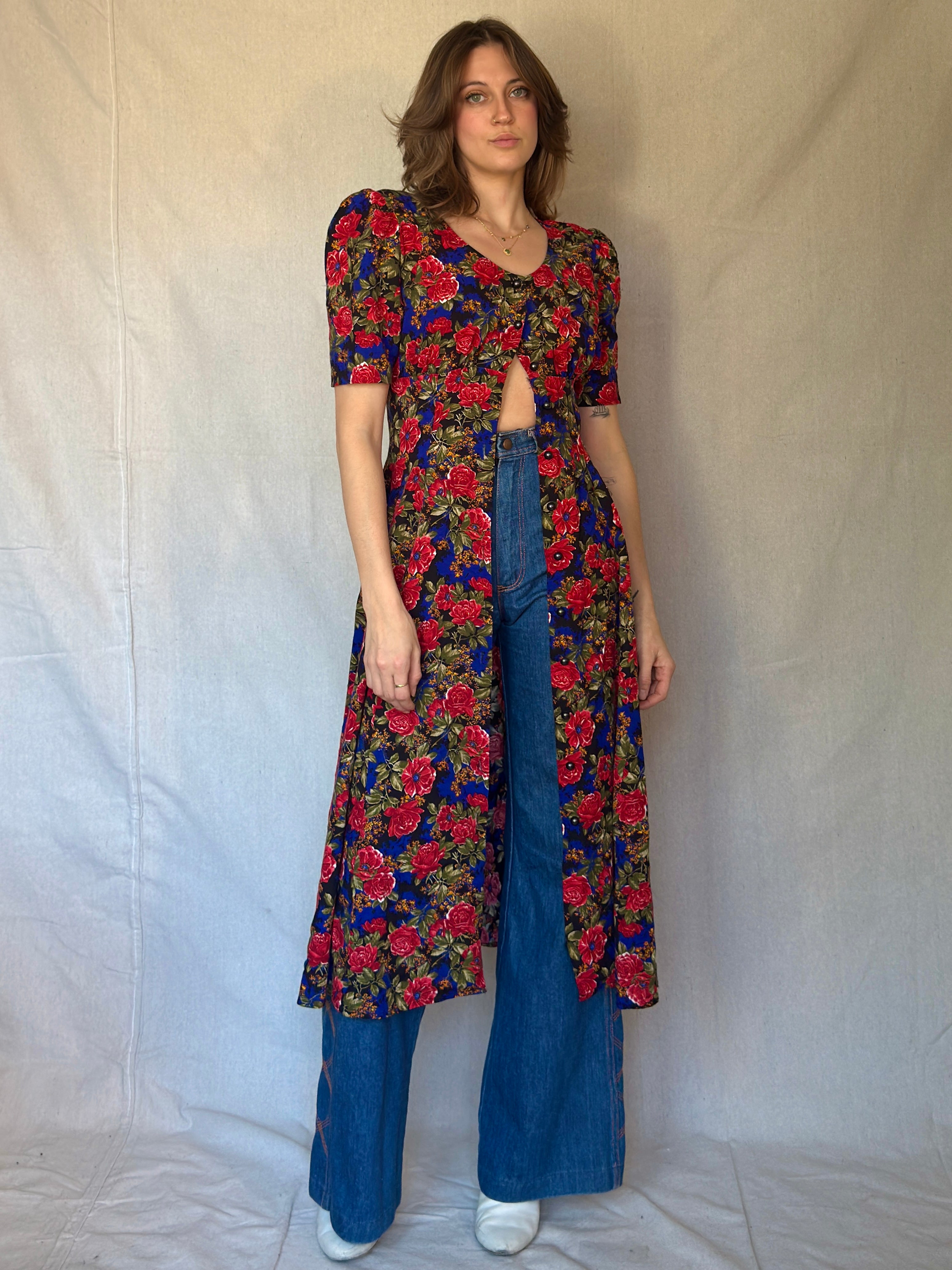 80s Blue Floral Print Button Dress