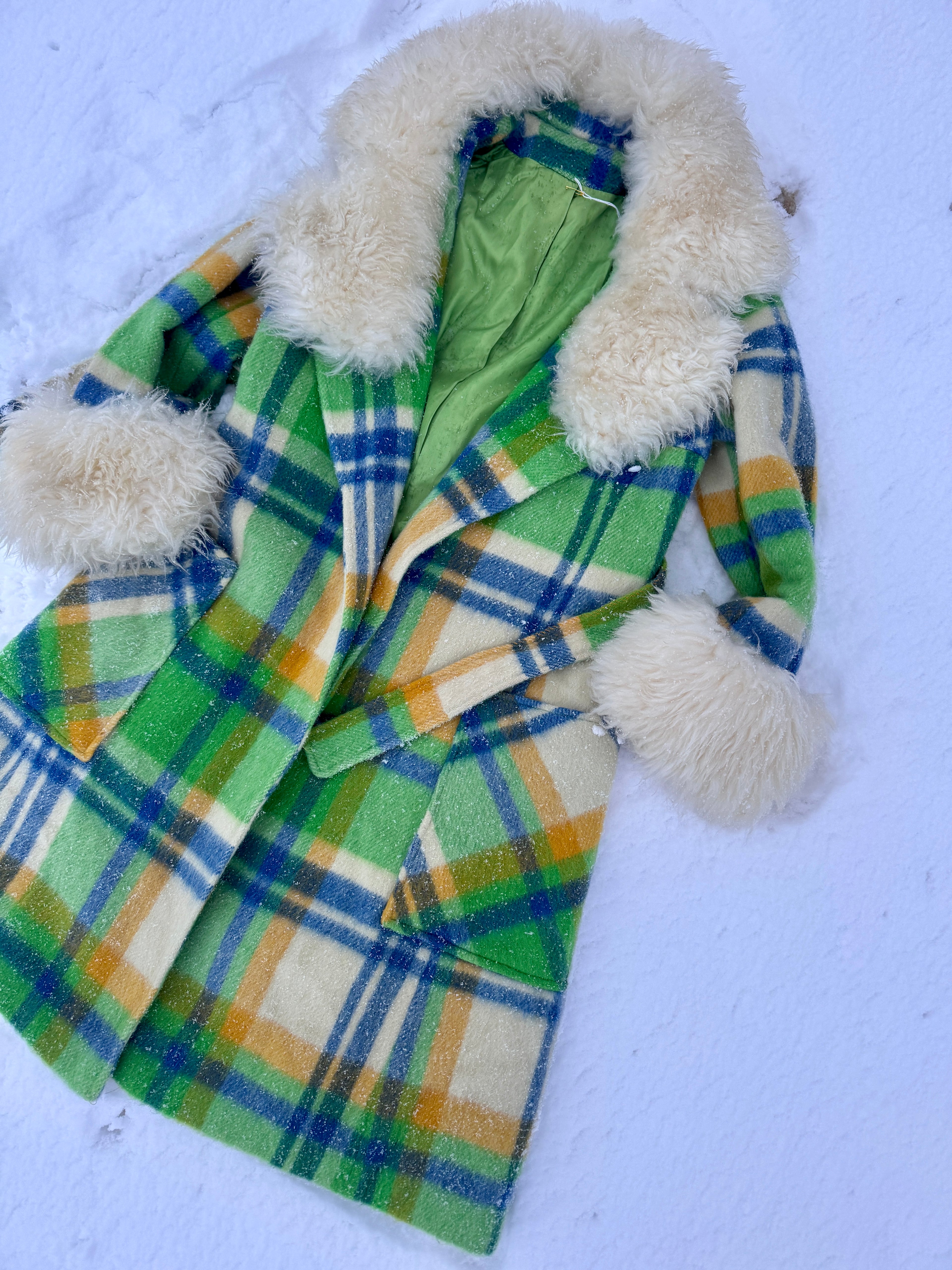 60s Union Made Green Plaid Wool Belted Coat