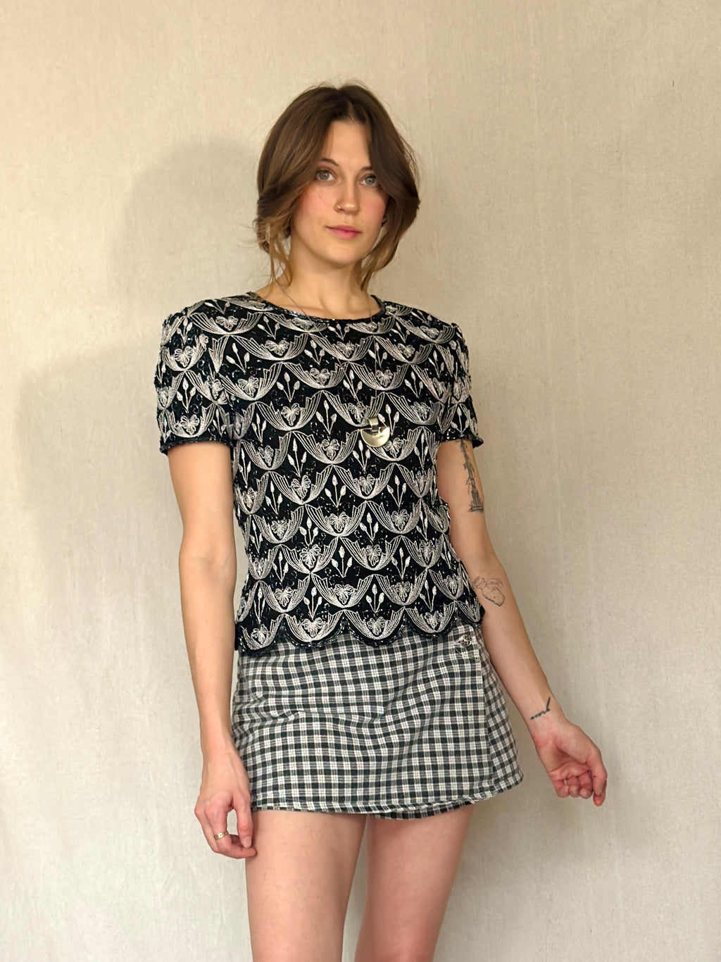 90s Silk Embroidered and Beaded Black Blouse