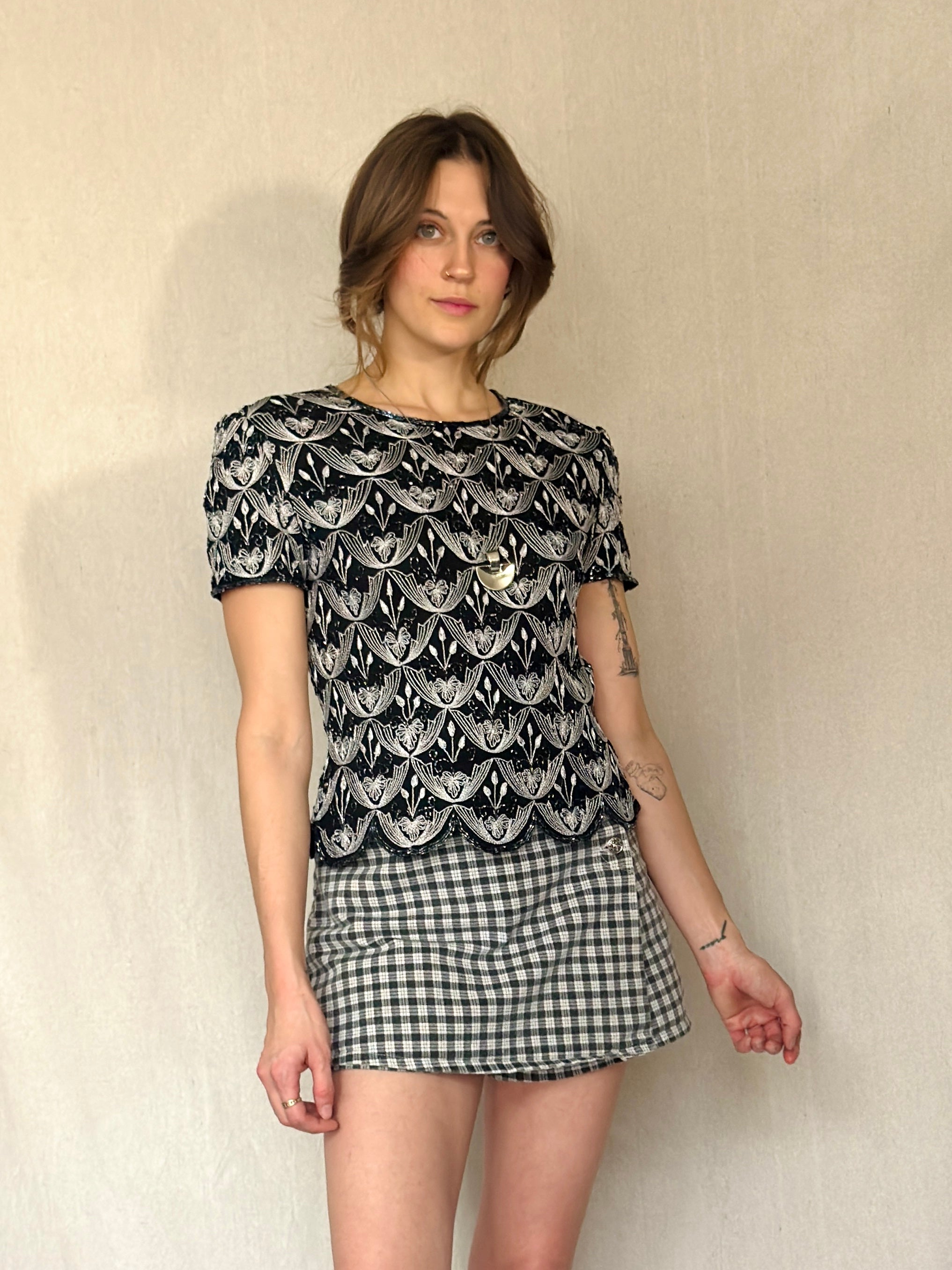 90s Silk Embroidered and Beaded Black Blouse