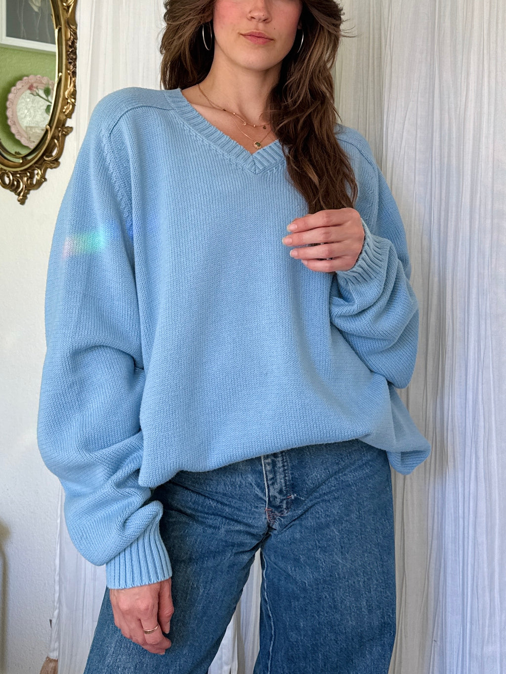 Vintage Lands Ends Cotton Powder Blue Grandpa Sweater
