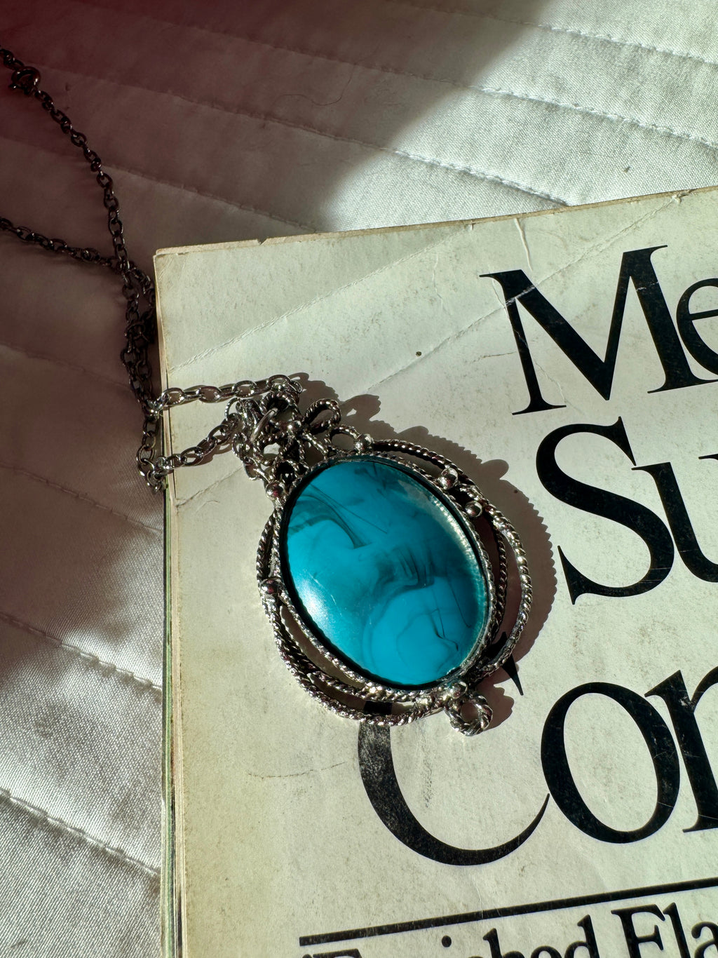 Faux Turquoise Pendant & Silver Chain Necklace