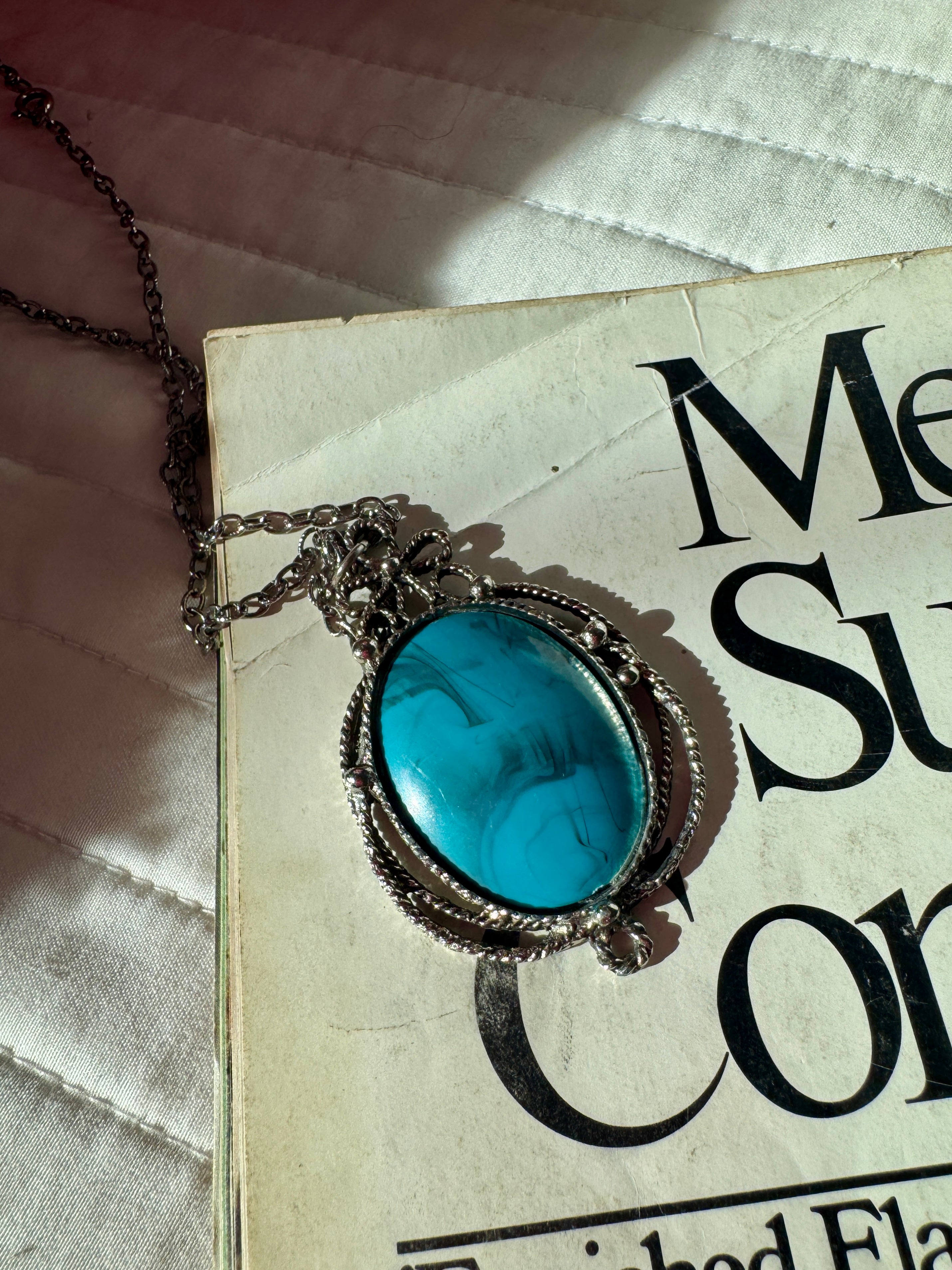 Faux Turquoise Pendant & Silver Chain Necklace